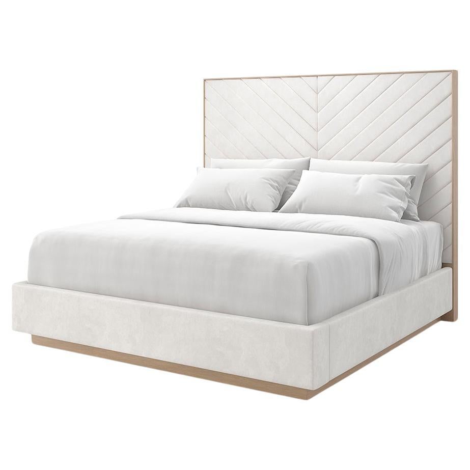 Cream Chevron Tufted Upholstered Queen Bed For Sale