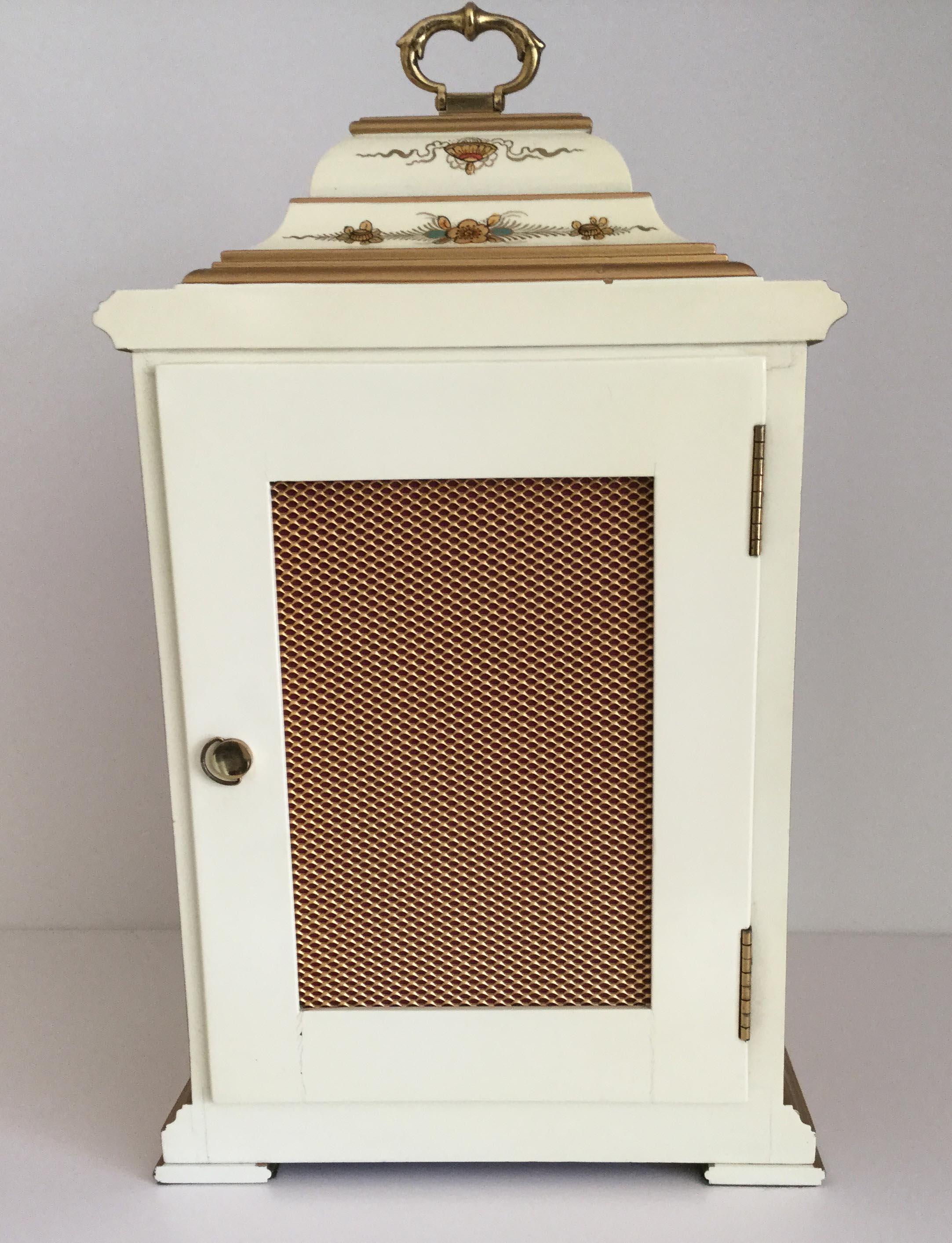 Painted Cream Chinoiserie Musical Chiming Mantel Clock, Elliott of London, circa 1970s