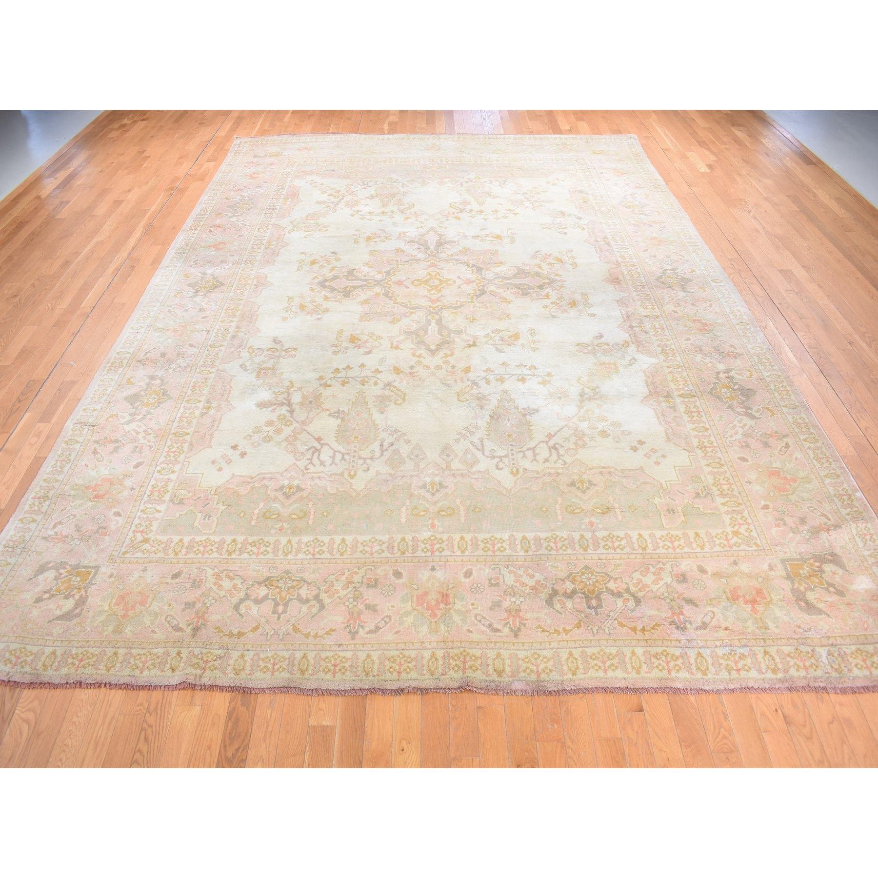 Medieval Cream Color Antique Turkish Oushak Clean Hand Knotted Pure Wool Oversized Rug For Sale
