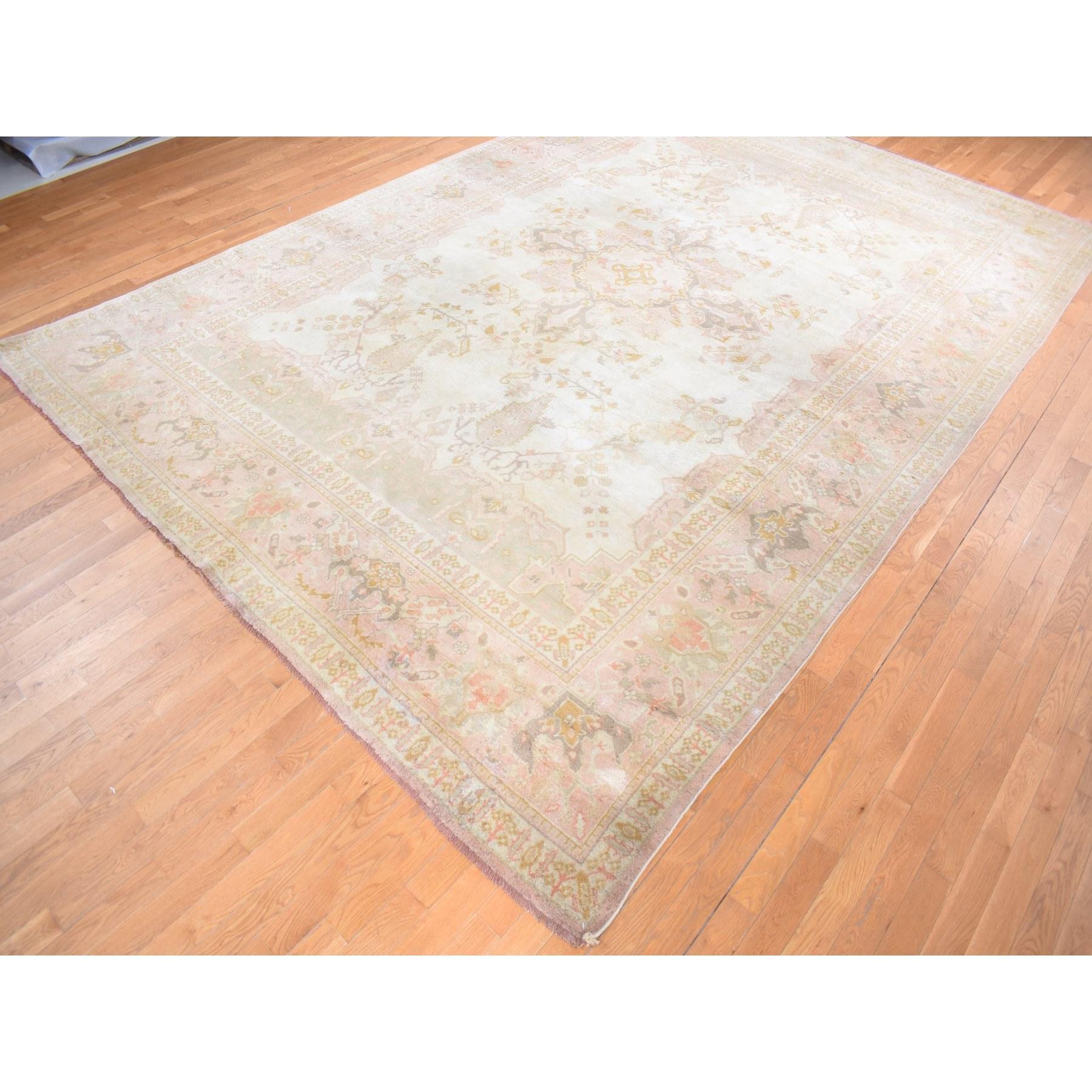 Hand-Knotted Cream Color Antique Turkish Oushak Clean Hand Knotted Pure Wool Oversized Rug For Sale