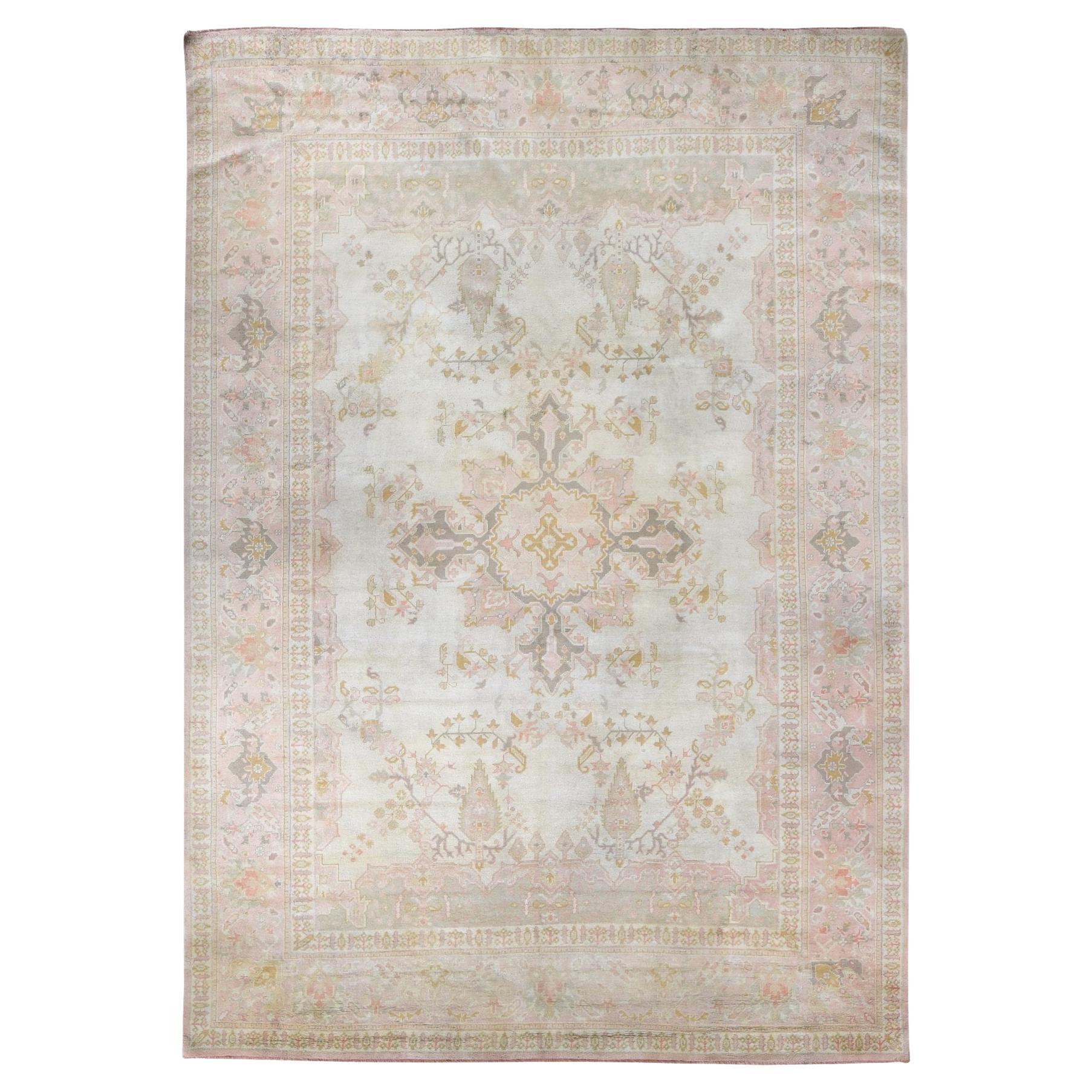 Cream Color Antique Turkish Oushak Clean Hand Knotted Pure Wool Oversized Rug For Sale