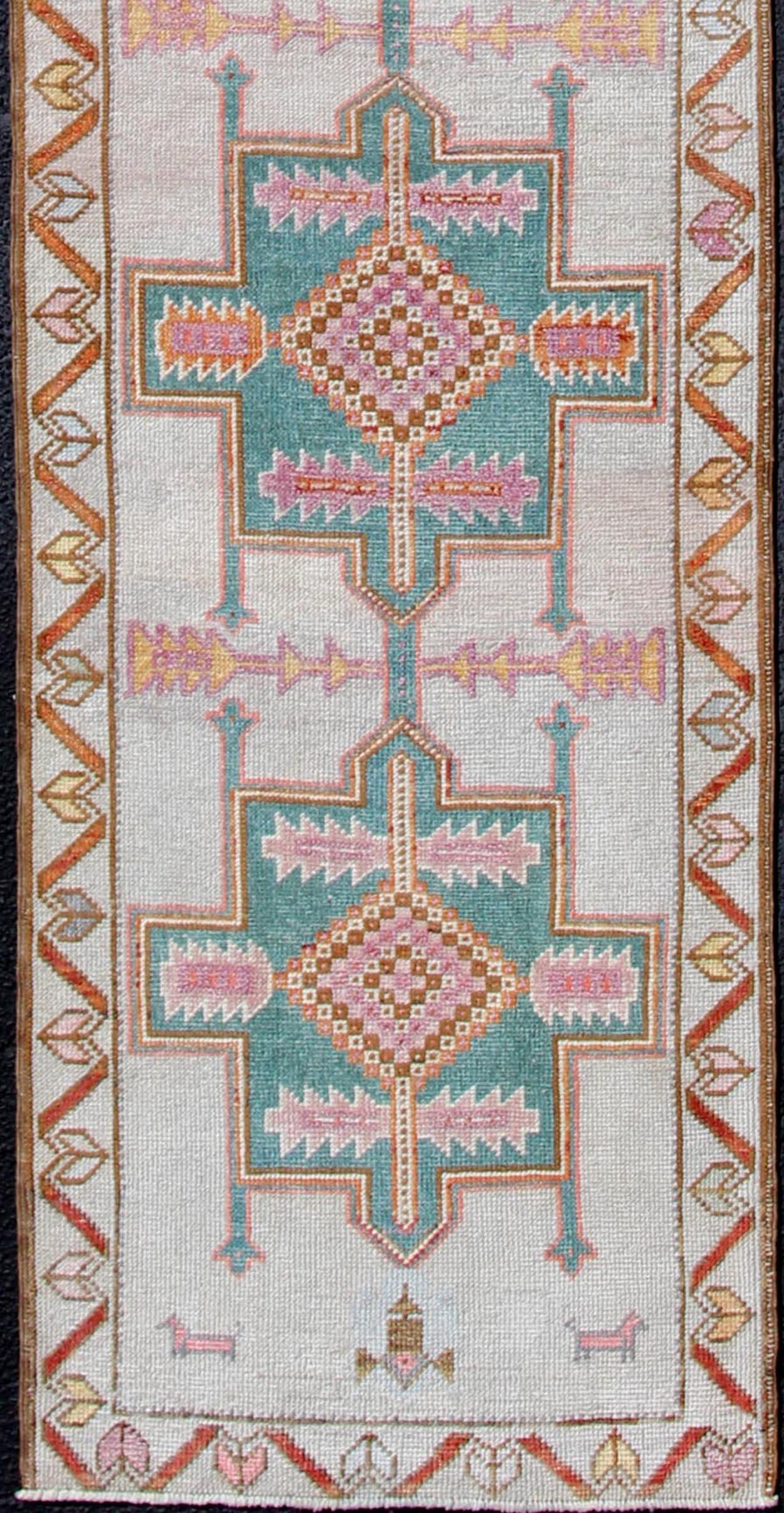 Hand-Knotted Cream Color Vintage Turkish Oushak Runner with Repeating Geometric Design For Sale