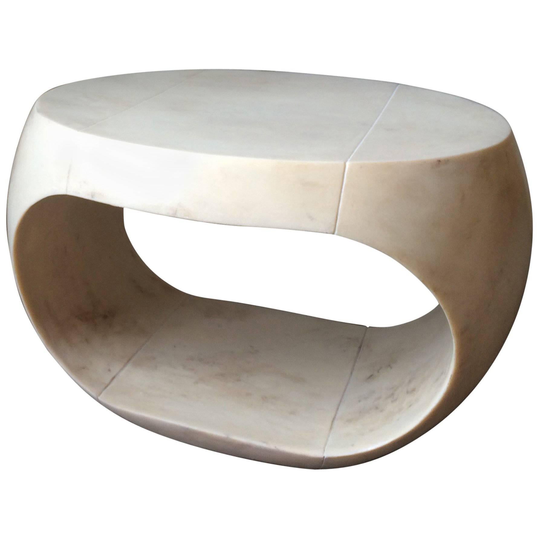 Cream-Colored Cast Resin Drum Table with Distressed Parchment Surface, Large For Sale