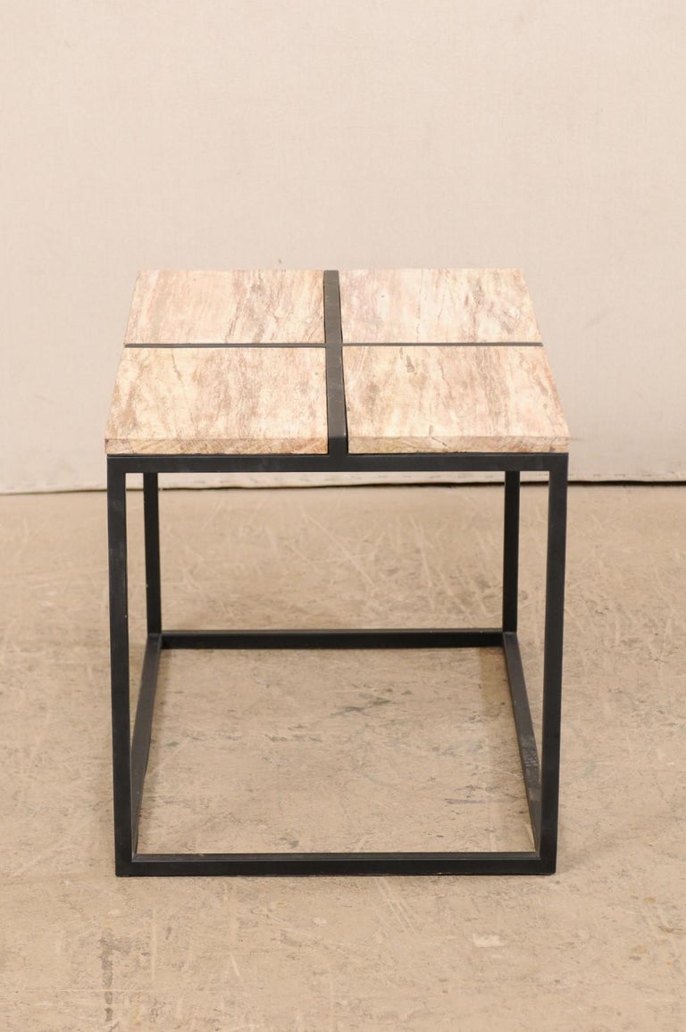 Cream Colored Petrified Wood Top Coffee Table with Custom Iron Base For ...