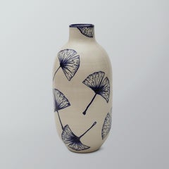 Cream-colour hand-made vase with blue gingko leaves