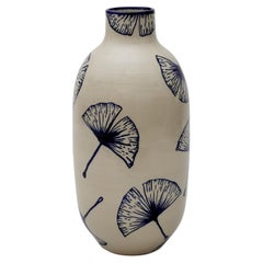 Cream-colour hand-made vase with blue gingko leaves