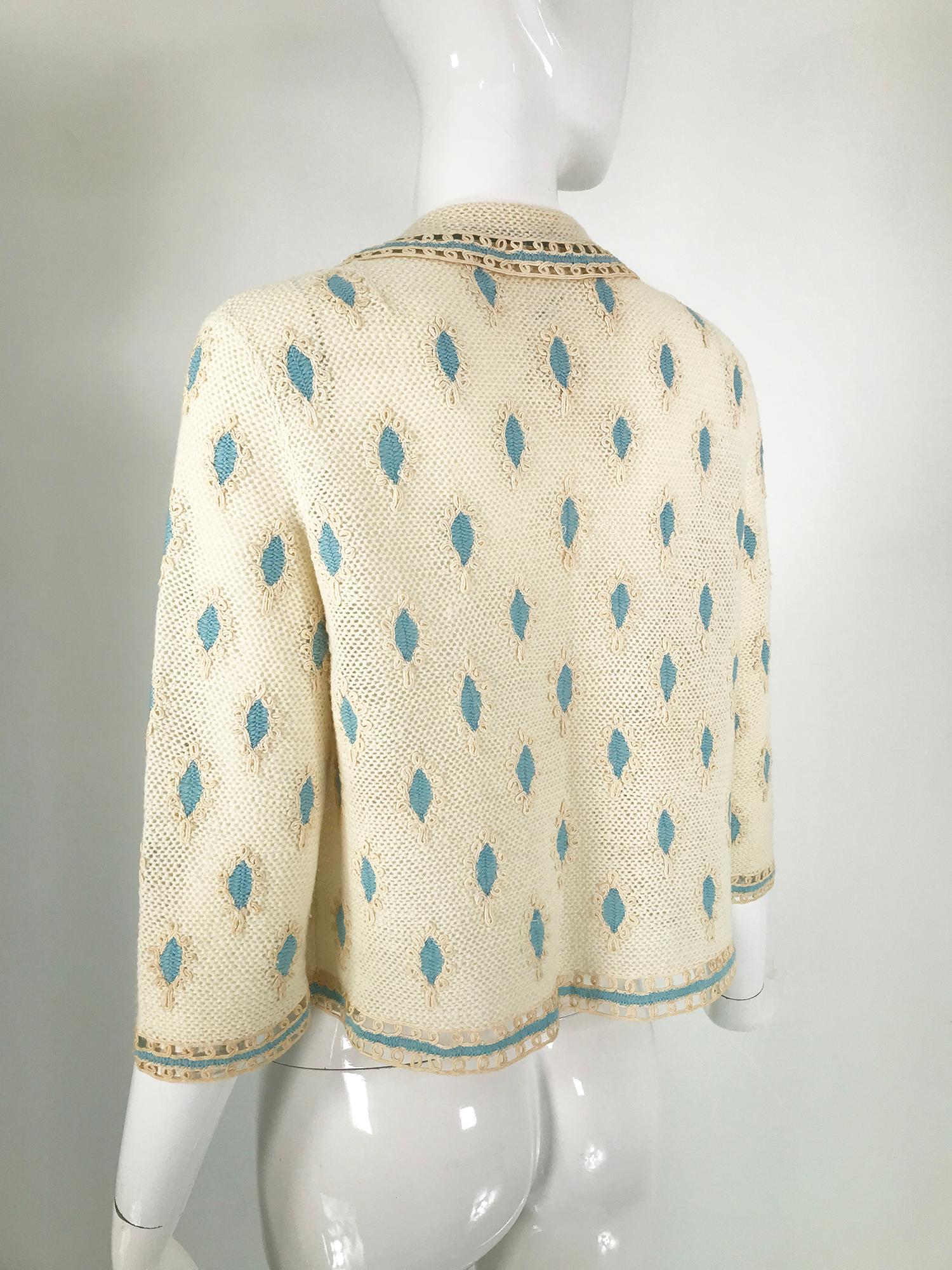 Cream Crochet & Cord Work Applique Cardigan Sweater 1960s Handmade 5