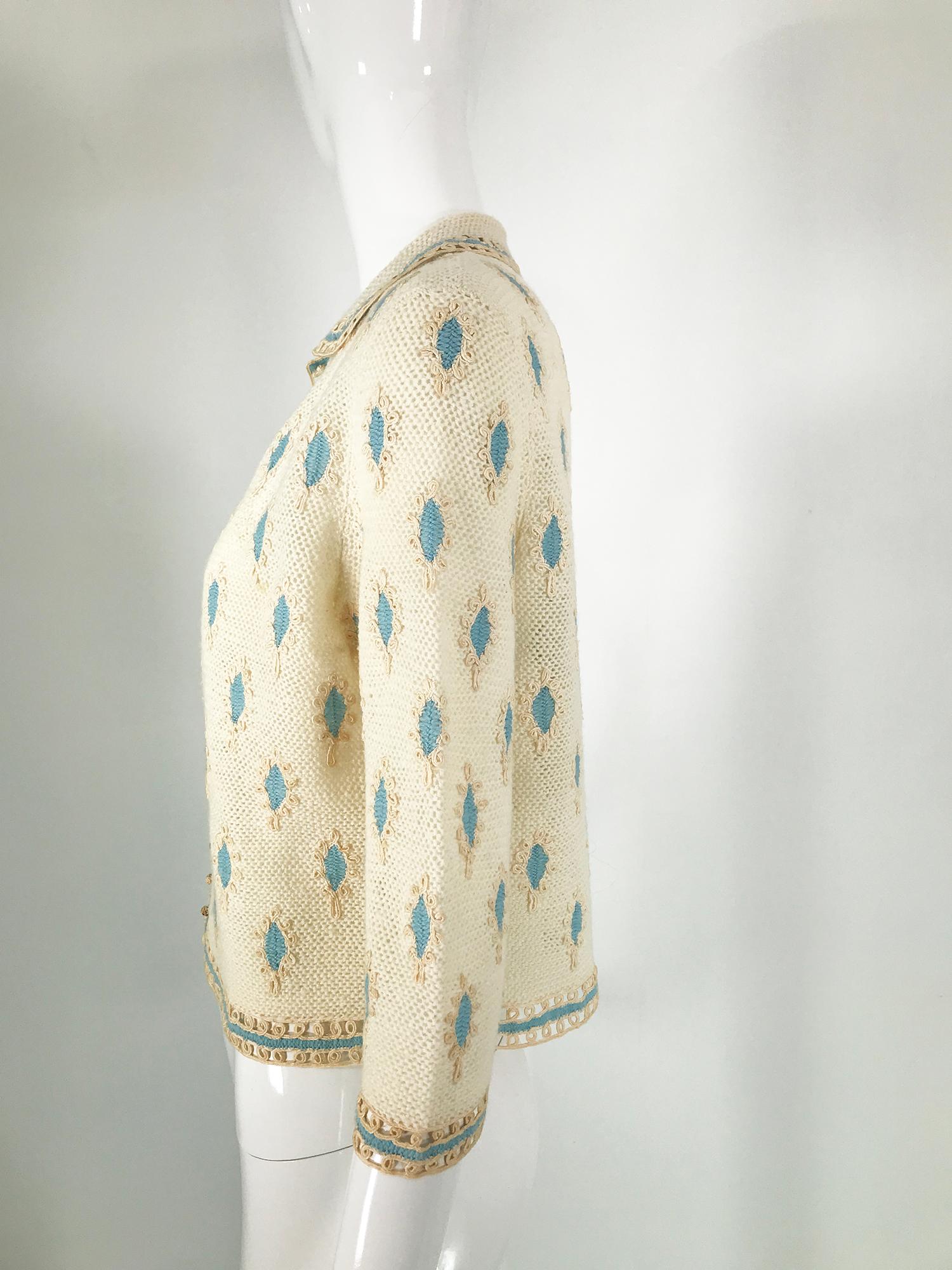 Cream Crochet & Cord Work Applique Cardigan Sweater 1960s Handmade 6