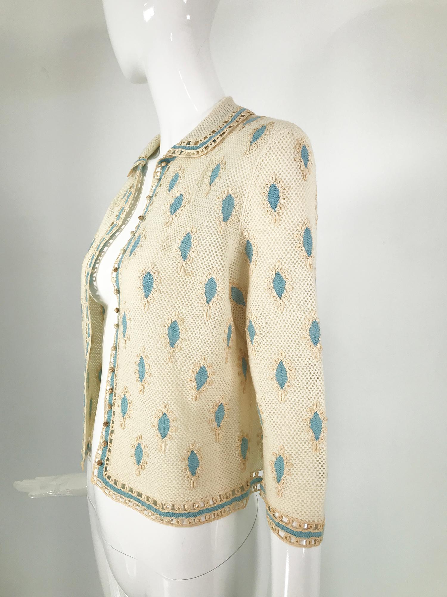 Cream Crochet & Cord Work Applique Cardigan Sweater 1960s Handmade 7