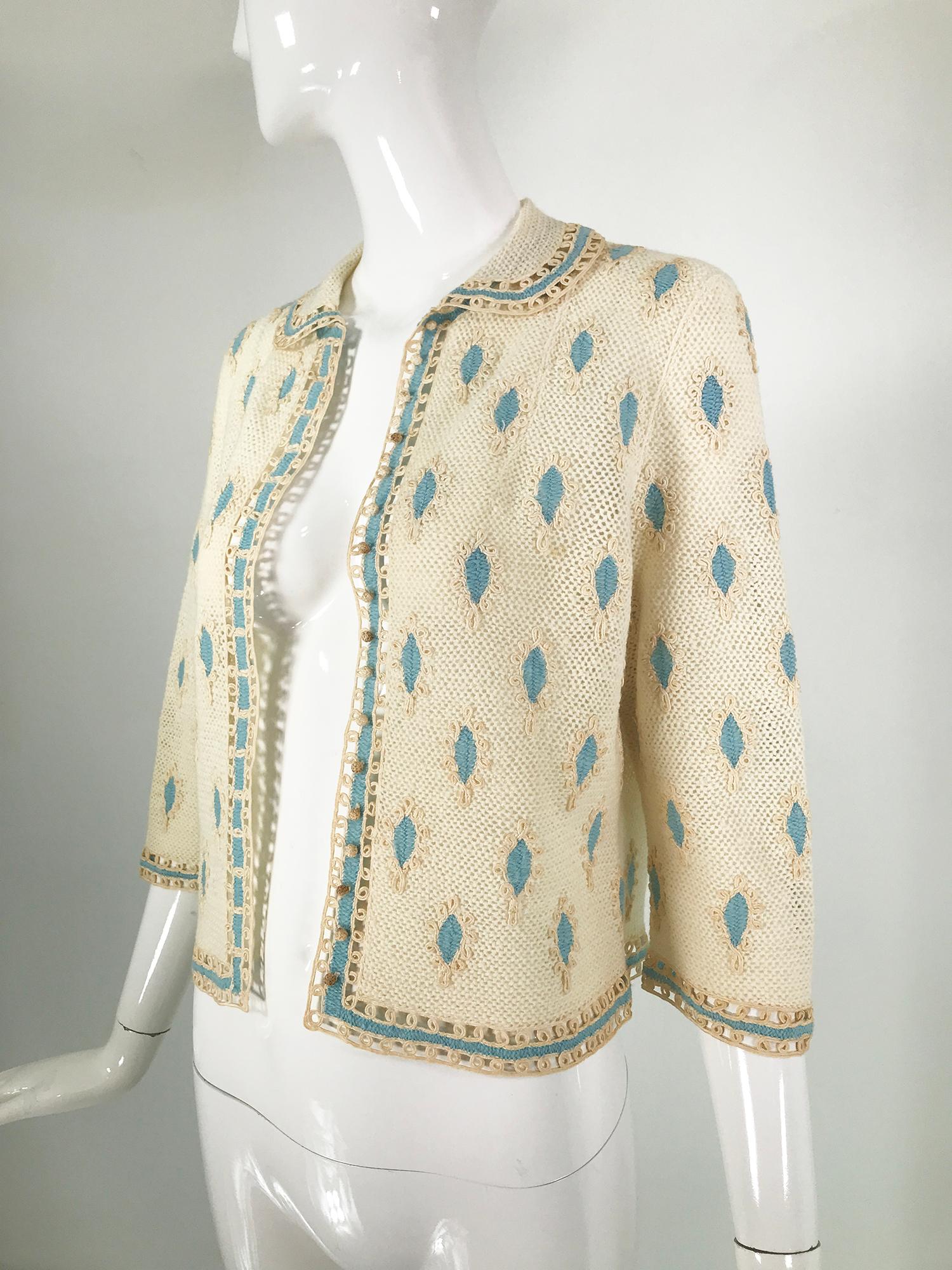 Cream Crochet & Cord Work Applique Cardigan Sweater 1960s Handmade 8