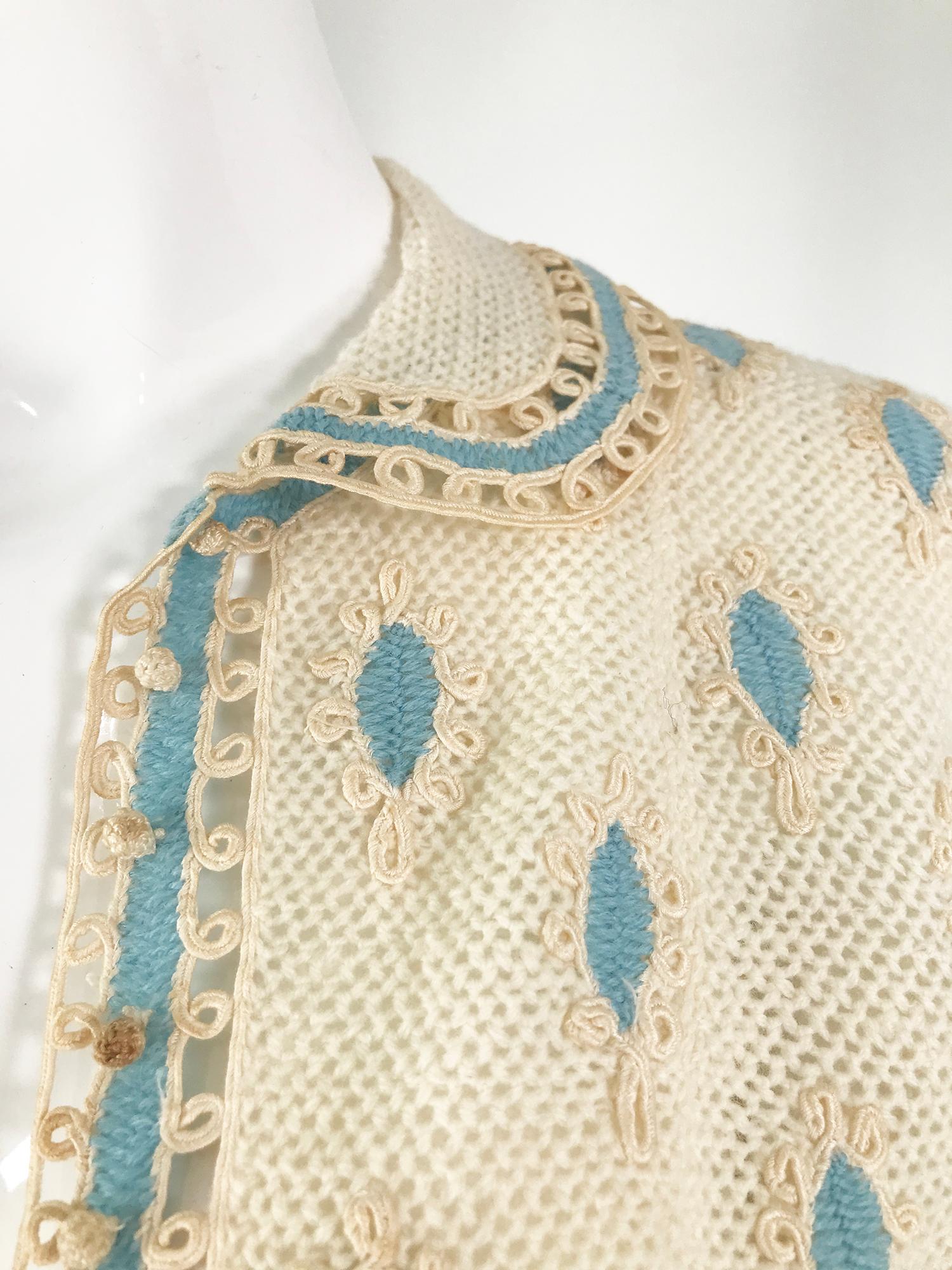 Beige Cream Crochet & Cord Work Applique Cardigan Sweater 1960s Handmade