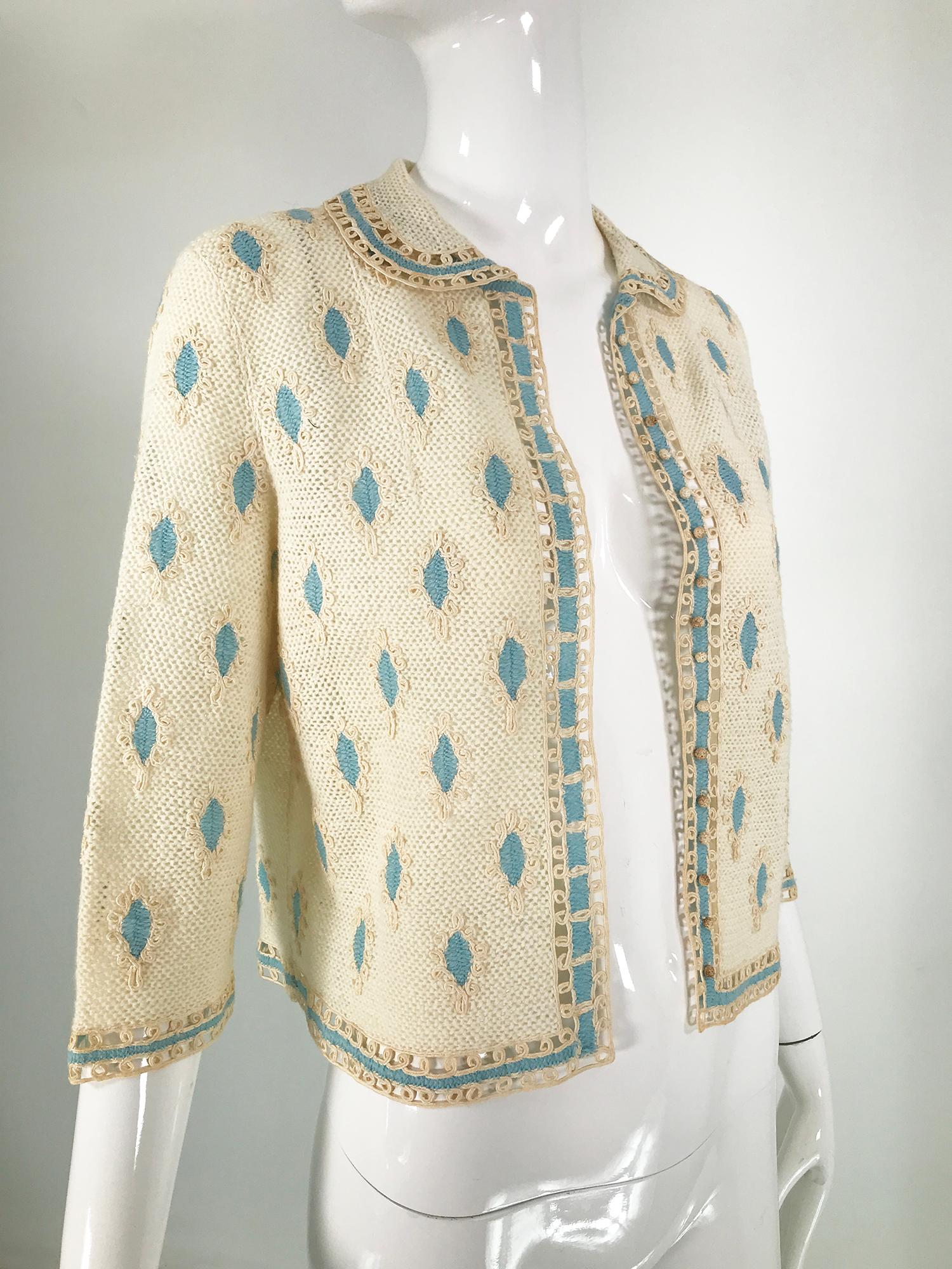 Cream Crochet & Cord Work Applique Cardigan Sweater 1960s Handmade In Good Condition In West Palm Beach, FL