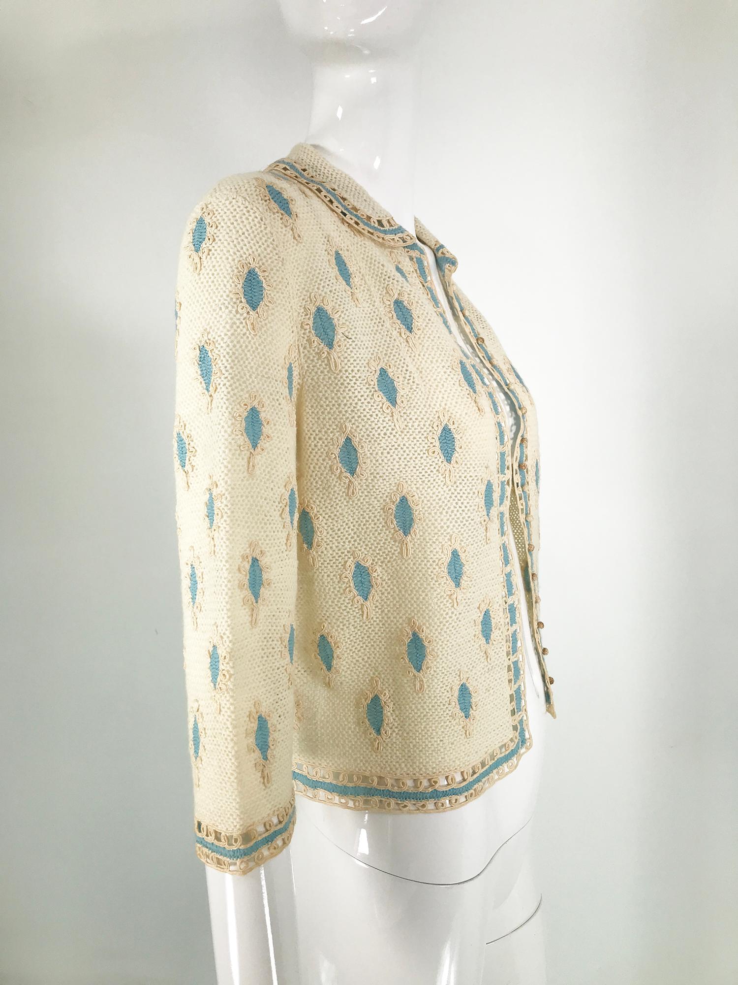 Women's Cream Crochet & Cord Work Applique Cardigan Sweater 1960s Handmade