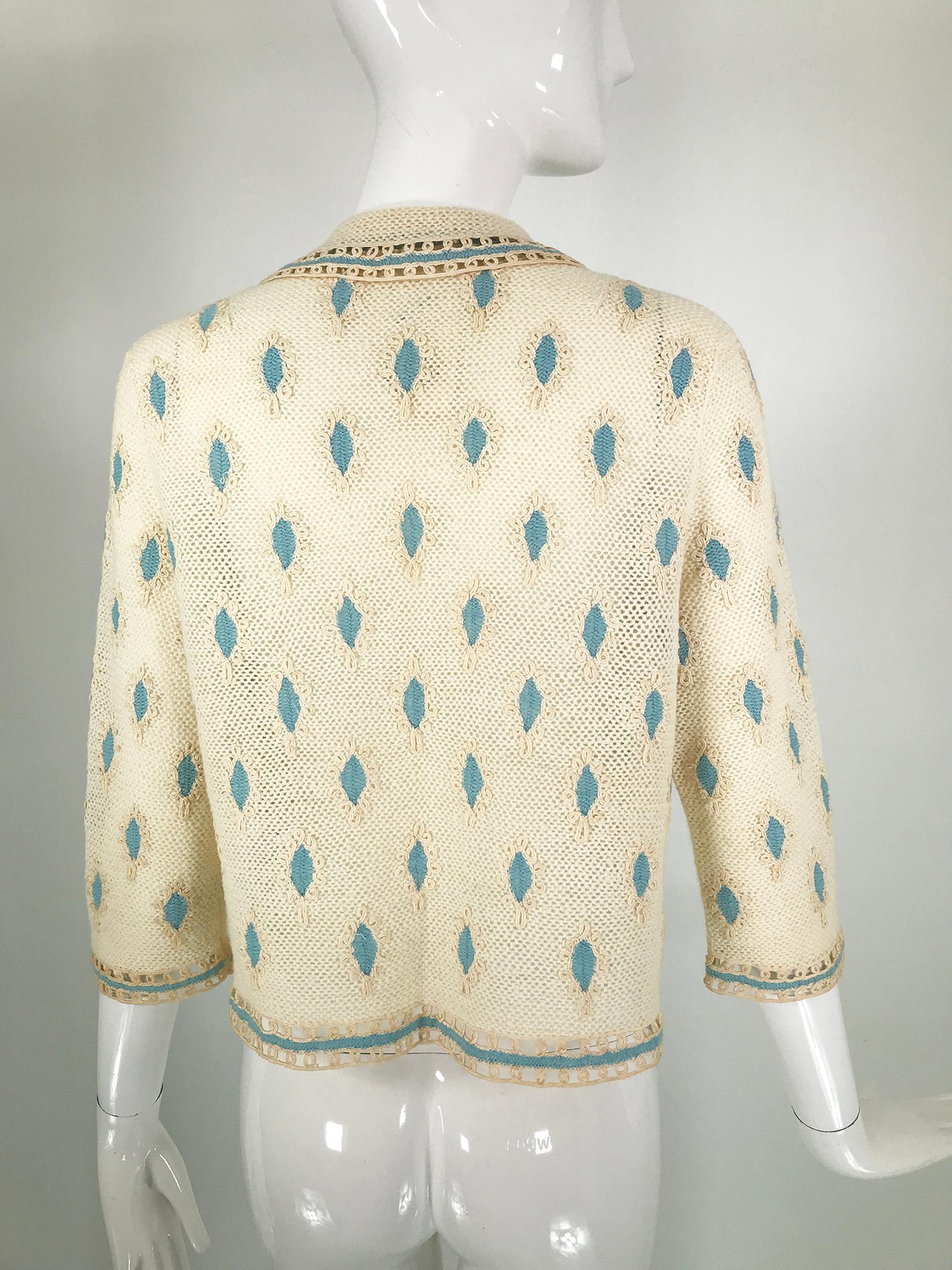 Cream Crochet & Cord Work Applique Cardigan Sweater 1960s Handmade 3