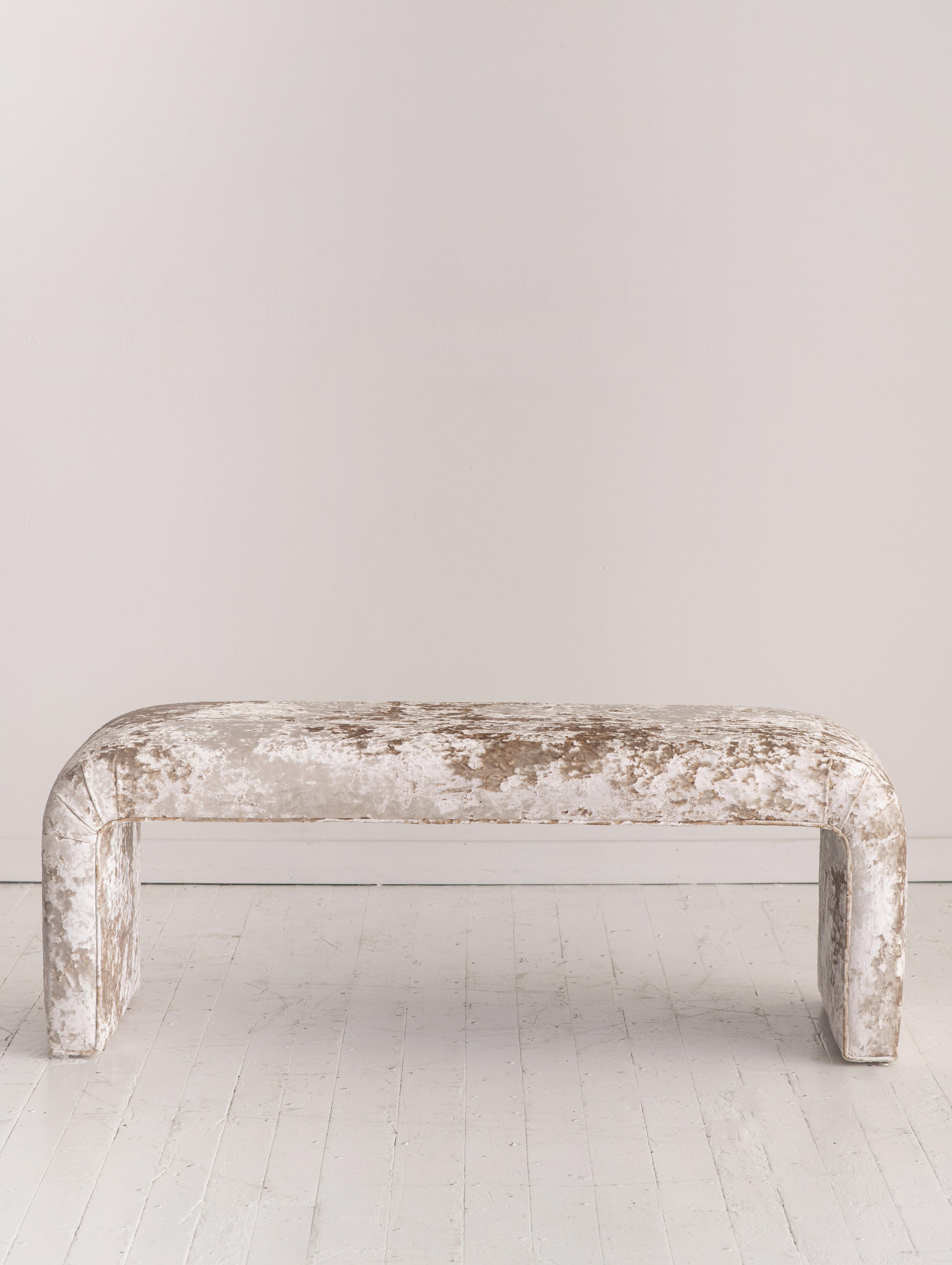 Newly upholstered waterfall bench in cream crushed velvet. Larger in size, great for the end of the bed, a hallway or setting at a dining table.