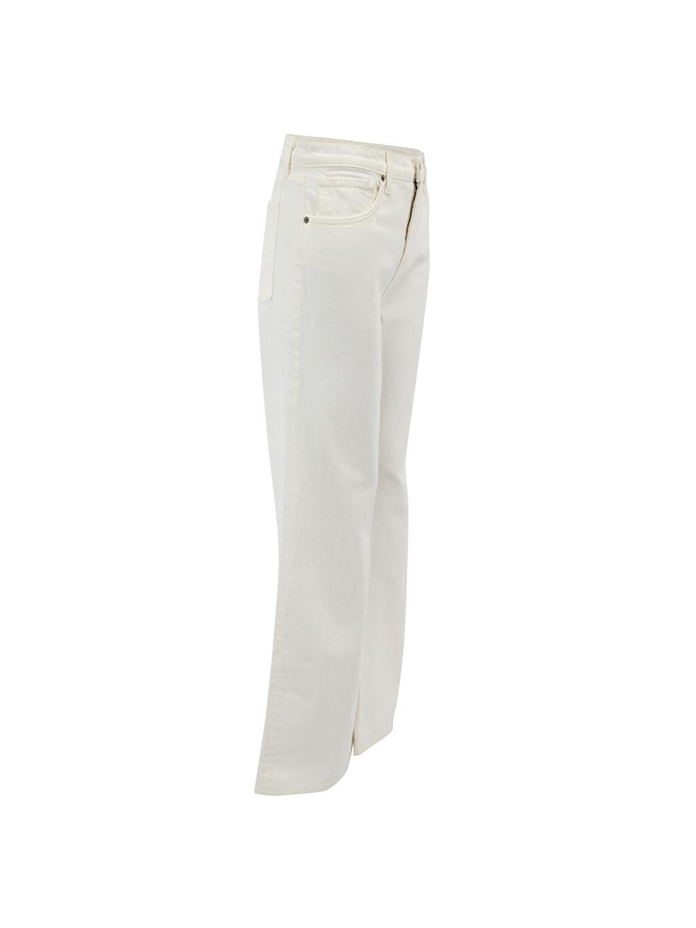 CONDITION is Never Worn. No visible wear to jeans is evident on this used Nili Lotan designer resale item. 
 
 Details
  Cream
 Denim
 Wide leg trousers
 Mid rise
 Front zip closure with button
 Front side pockets
 Back patch pockets
 Belt hoops
 
