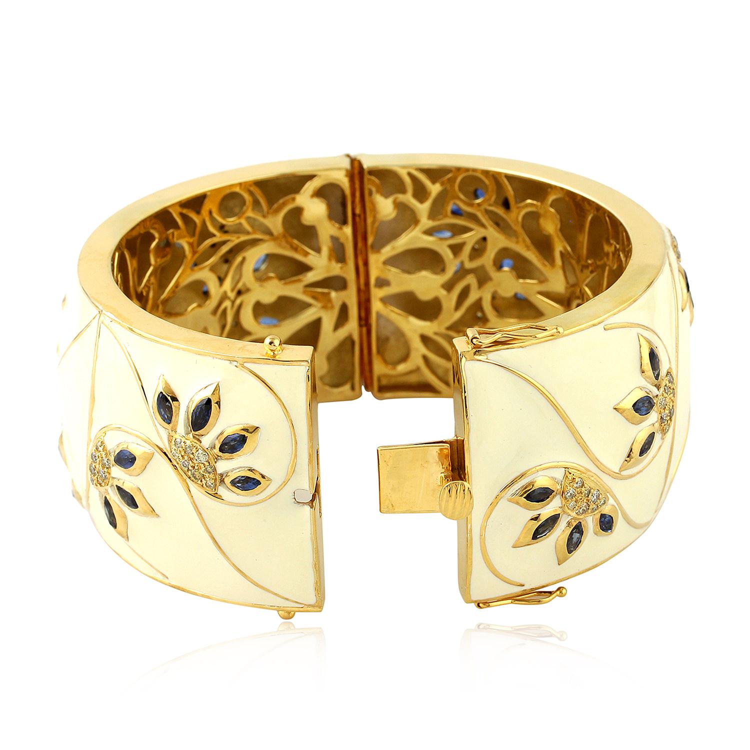 Mixed Cut Cream Enamel Cuff with Diamonds and Sapphire in 18 Karat Gold and Silver For Sale
