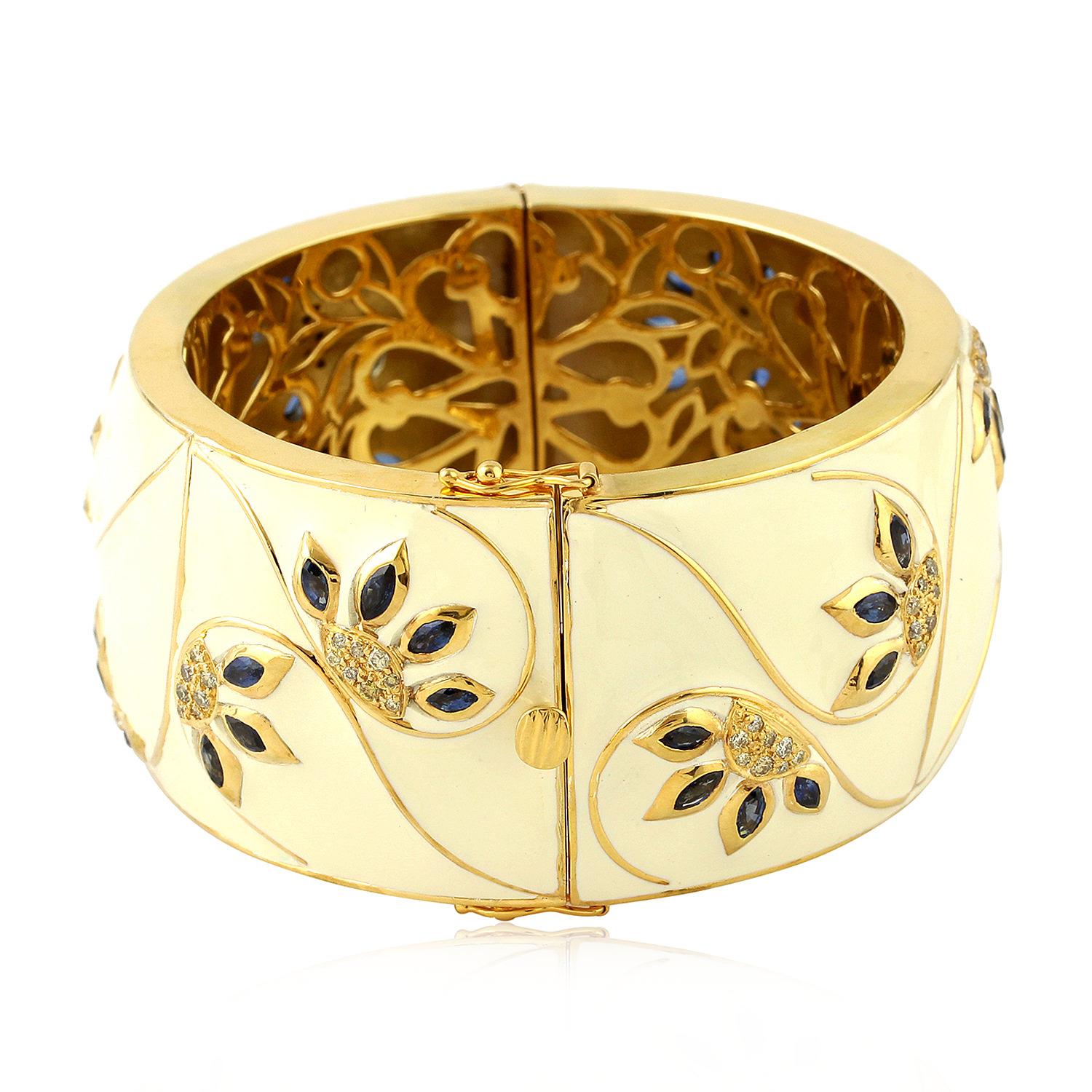 Cream Enamel Cuff with Diamonds and Sapphire in 18 Karat Gold and Silver In New Condition For Sale In New York, NY