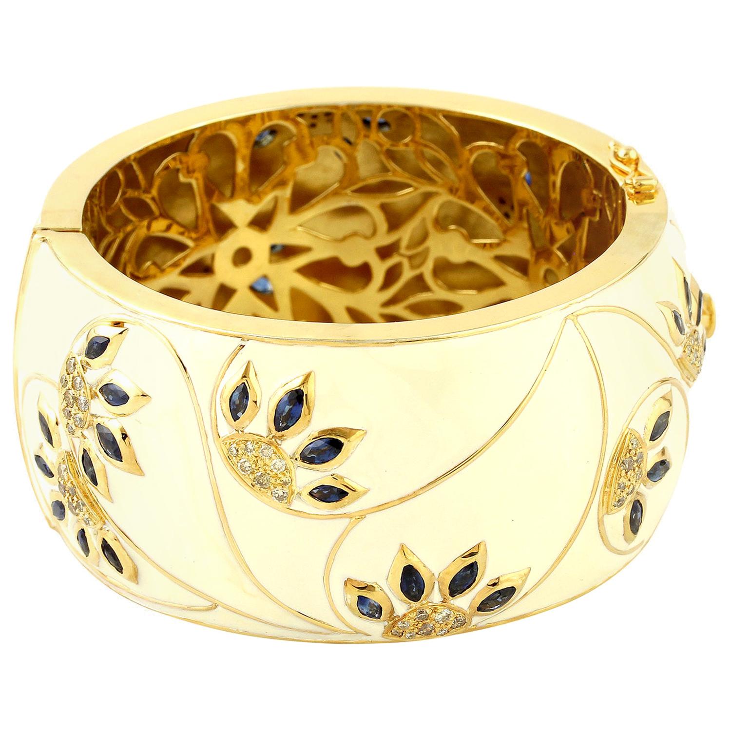 Cream Enamel Cuff with Diamonds and Sapphire in 18 Karat Gold and Silver For Sale