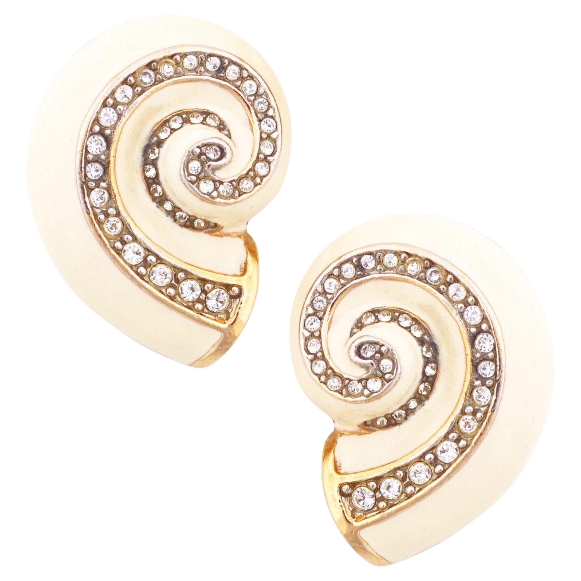 Cream Enamel Seashell Earrings With Crystal Swirls By Kenneth Jay Lane, 1970s
