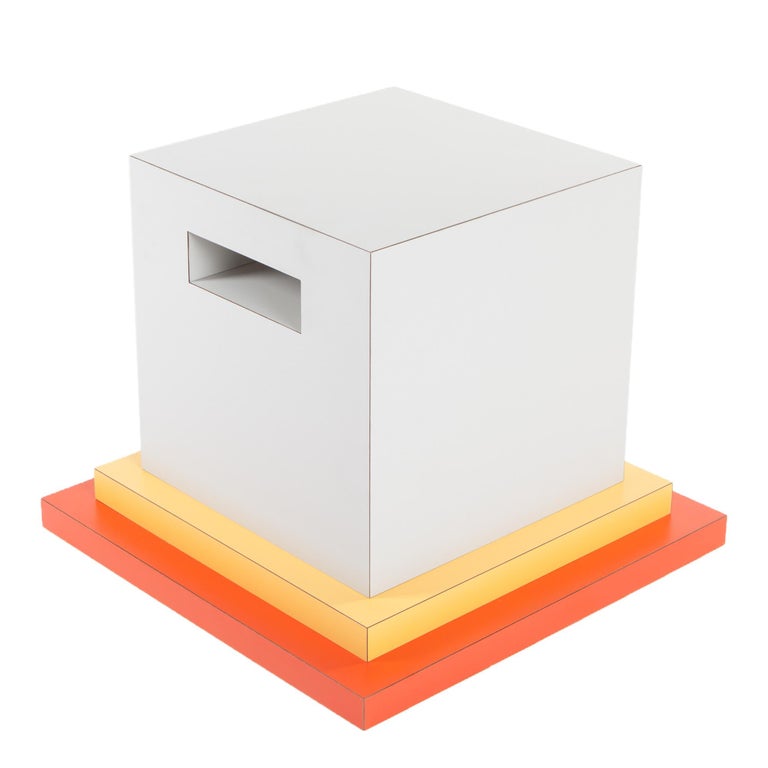 Cream end table in plastic laminate by Ettore Sottsass for Memphis Milano collection

Additional information:
End table in plastic laminate.
Collection: Memphis Milano
Designer: Ettore Sottsass
Year: 1984
Dimensions: W 50, D 50, H 40 cm
The