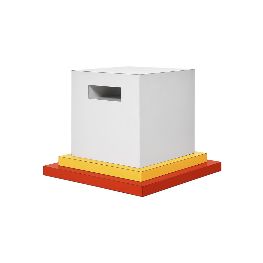 Cream end table in plastic laminate by Ettore Sottsass for Memphis Milano collection

Additional information:
End table in plastic laminate.
Collection: Memphis Milano
Designer: Ettore Sottsass
Year: 1984
Dimensions: W 50, D 50, H 40 cm
The