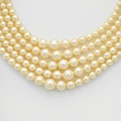 Cream Faux Pearl Five Strand Necklace with Rhinestone Clasp circa 1950s