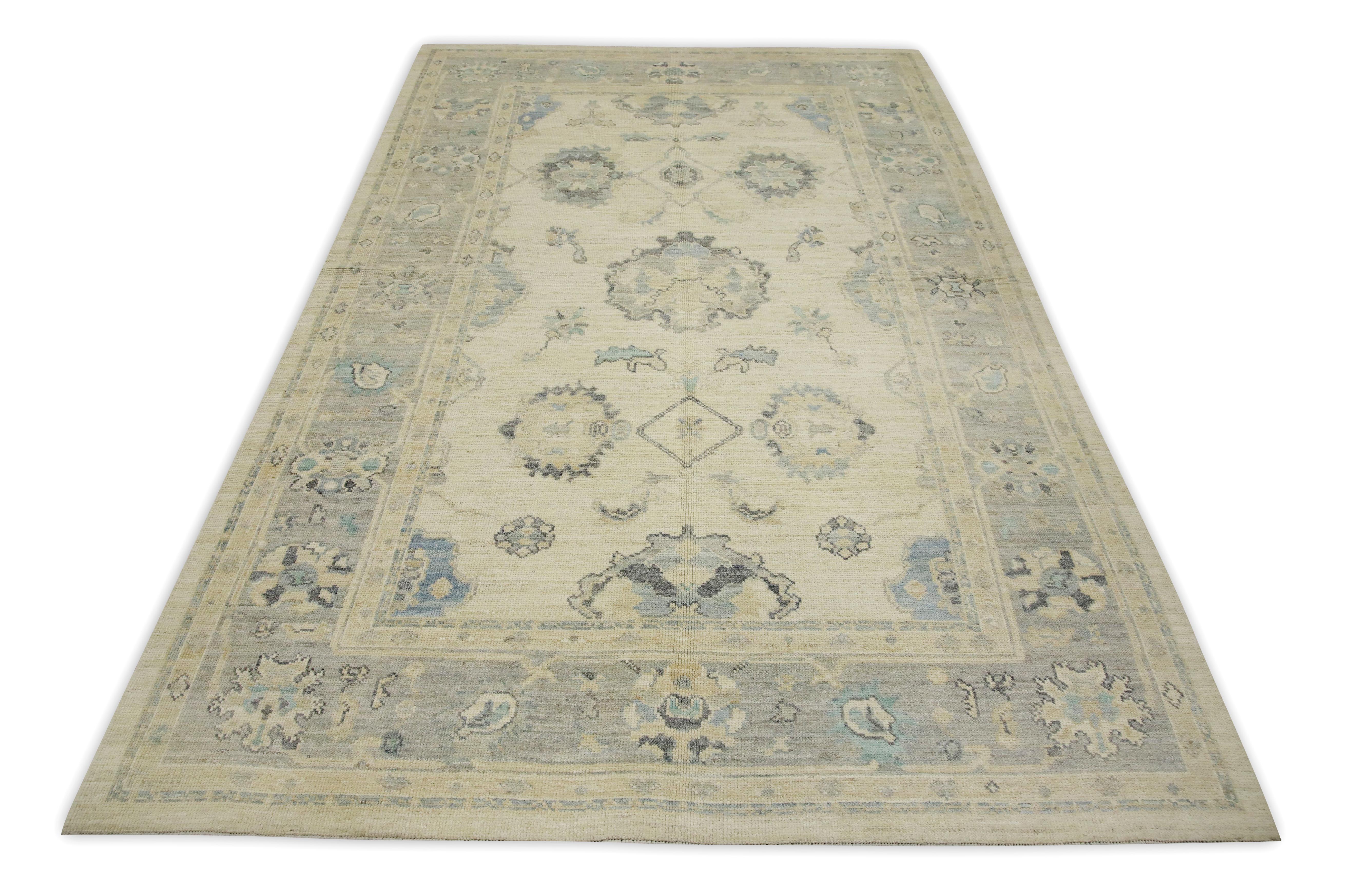 Cream Floral Design Handwoven Wool Turkish Oushak Rug 7'1