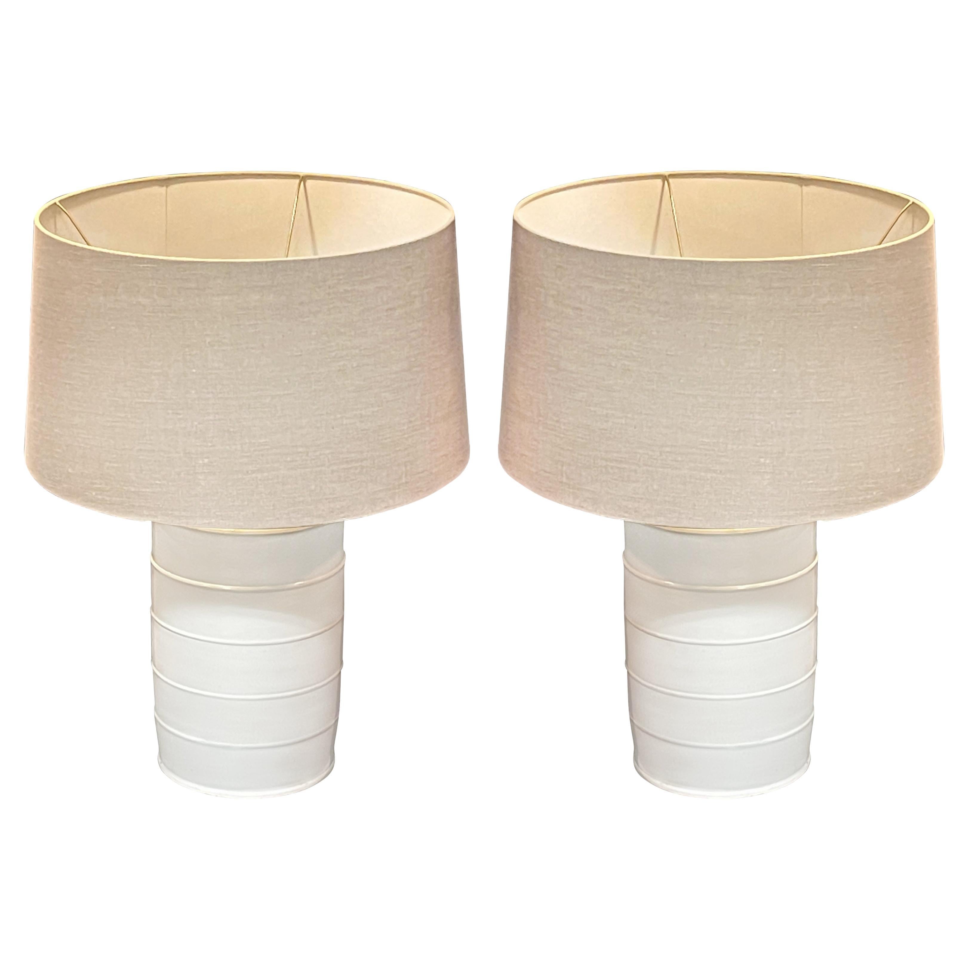 Cream Four Band Design Pair Canister Lamps, China, Contemporary For Sale