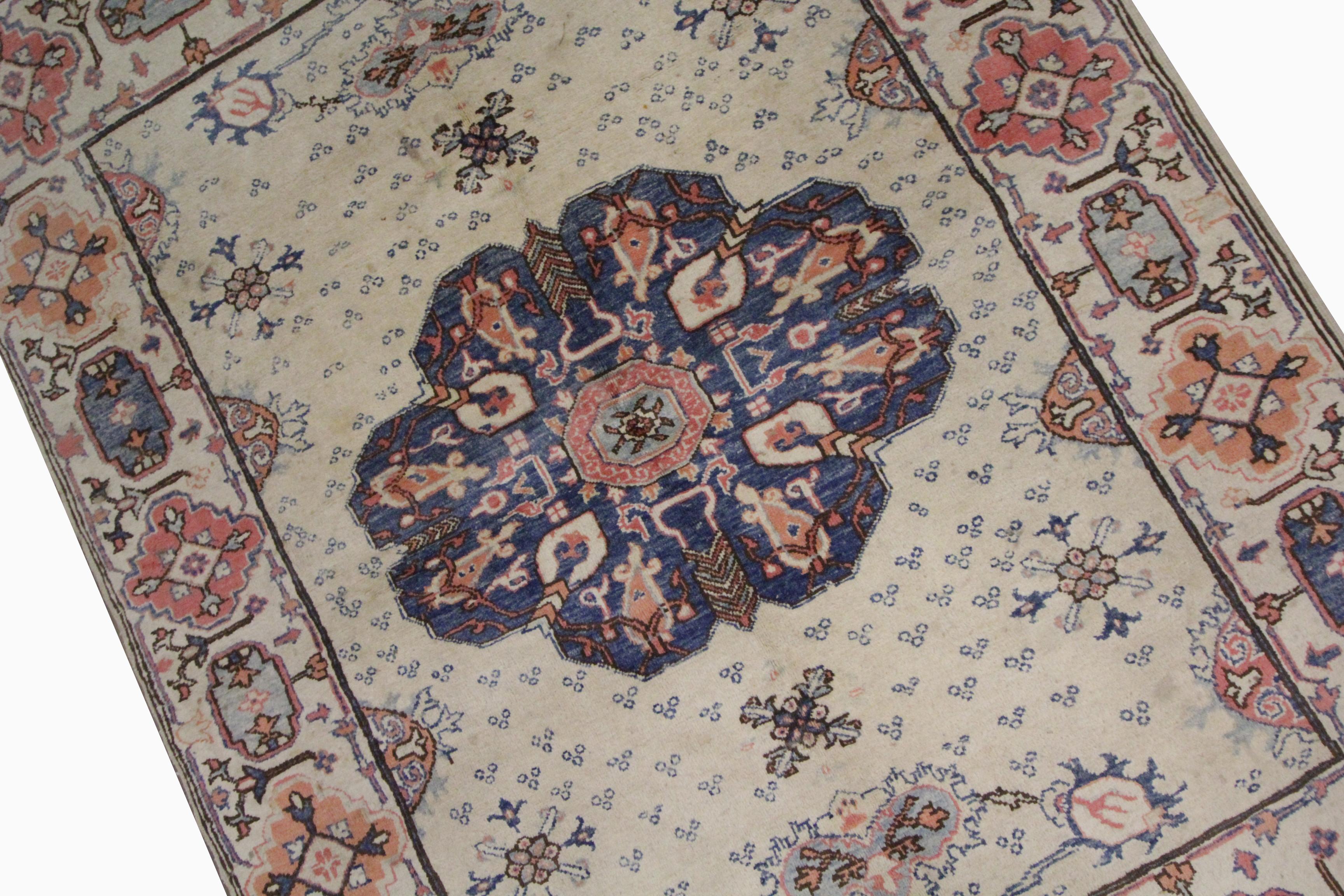 Hand-Knotted Cream Carpet Medallion Oriental Rug Handmade Symmetrical Living Area Rug For Sale