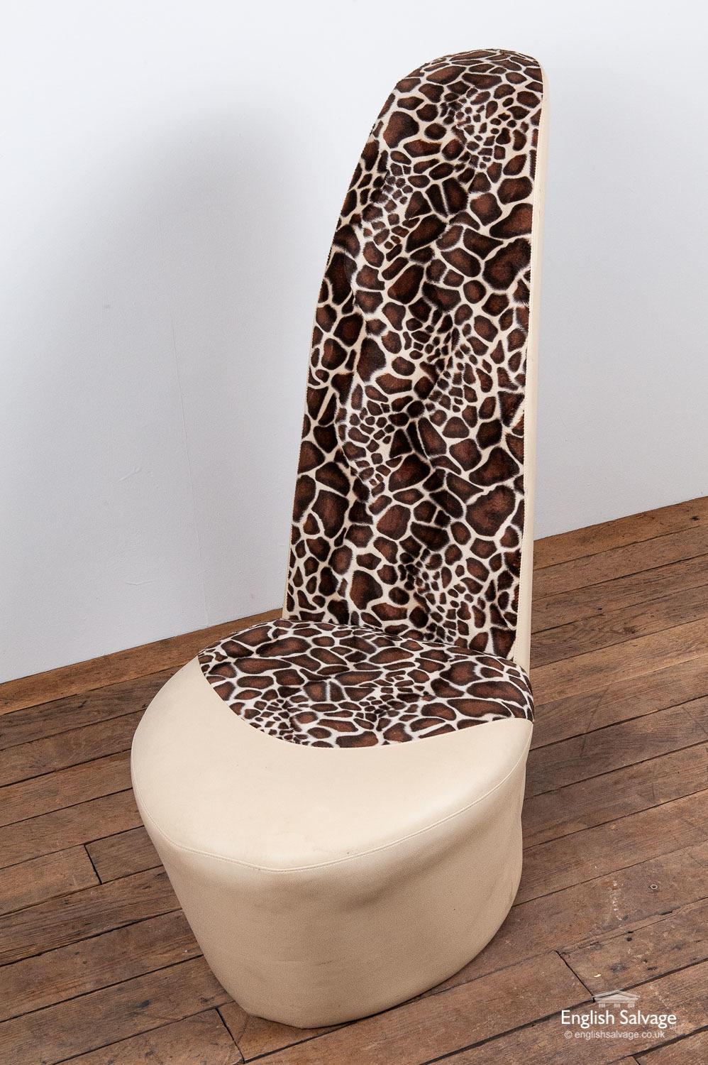Fab and funky stiletto shoe chair, great in a bedroom or a shop. Faux giraffe skin and cream faux leather covering. Some marks and scuffs but in fairly good condition. Love it or hate it, a real statement piece!
