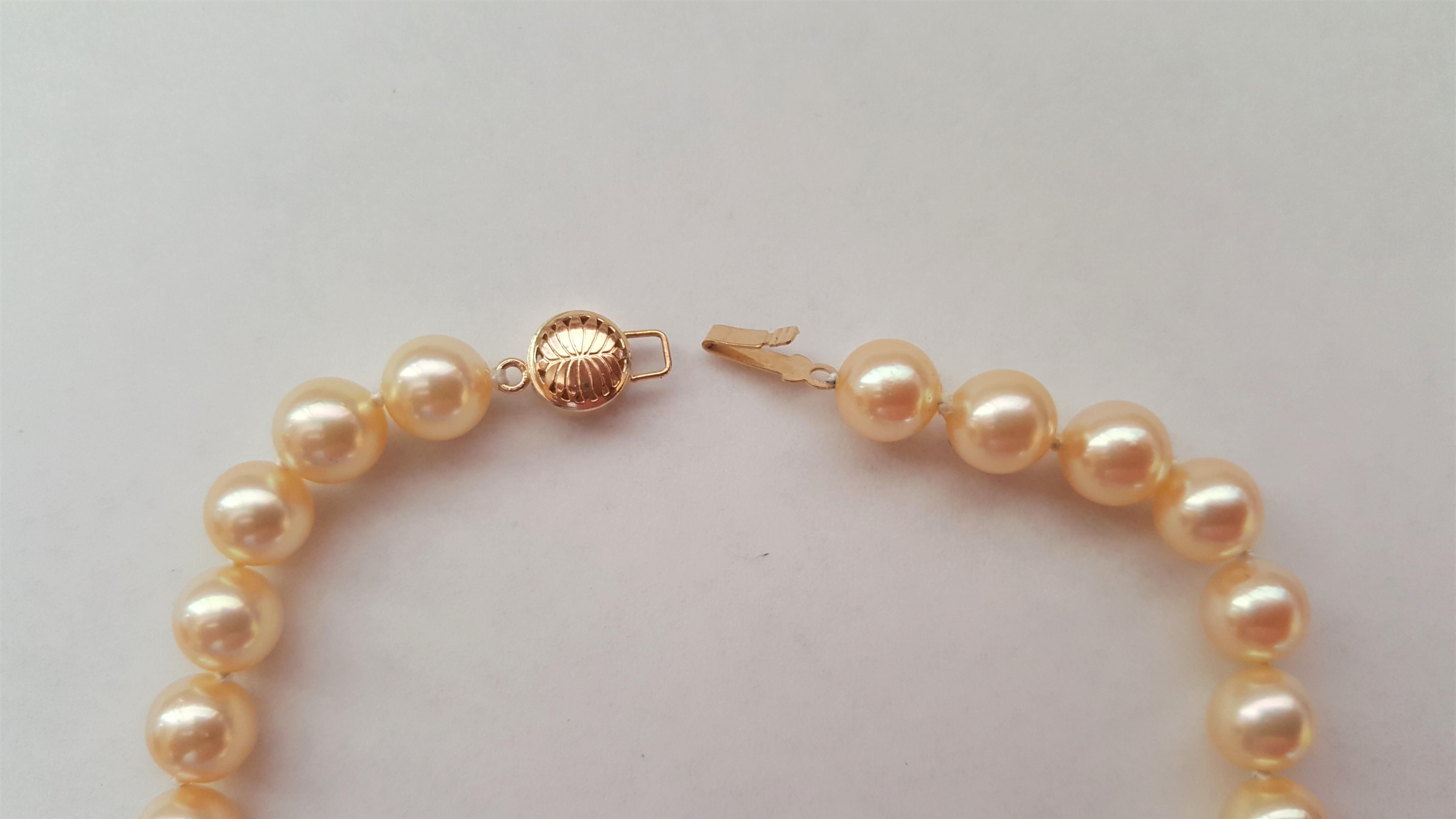 Cream Gold AAA Grade Cultured Pearl Set Necklace Bracelet 14kt, 7+mm, 27 Inches For Sale 1