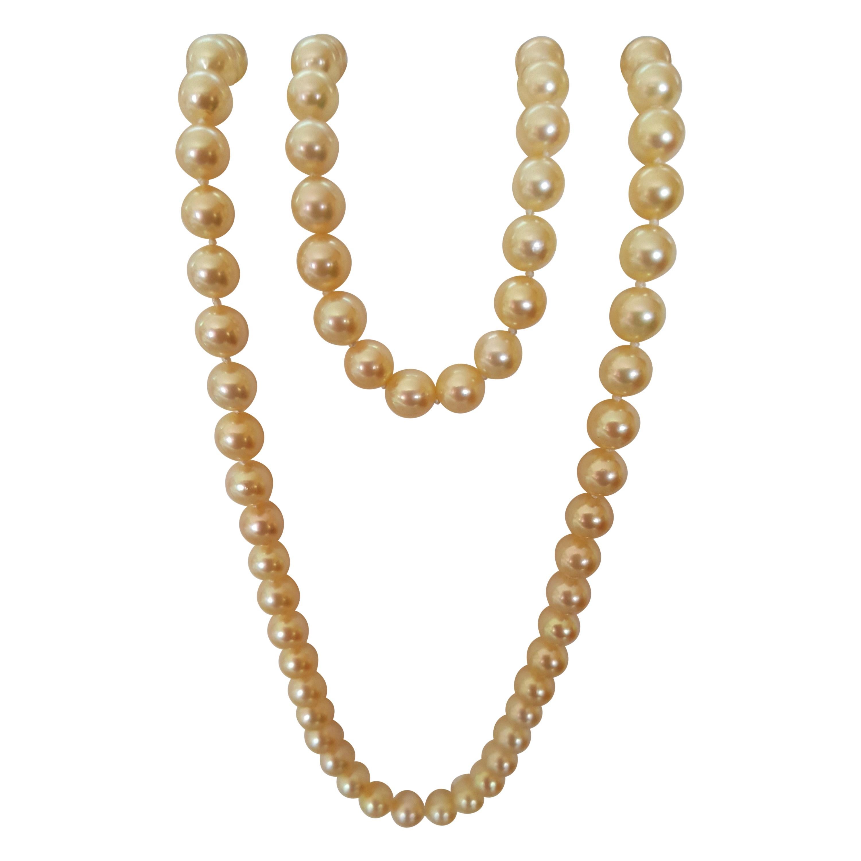 Cream Gold AAA Grade Cultured Pearl Set Necklace Bracelet 14kt, 7+mm, 27 Inches For Sale