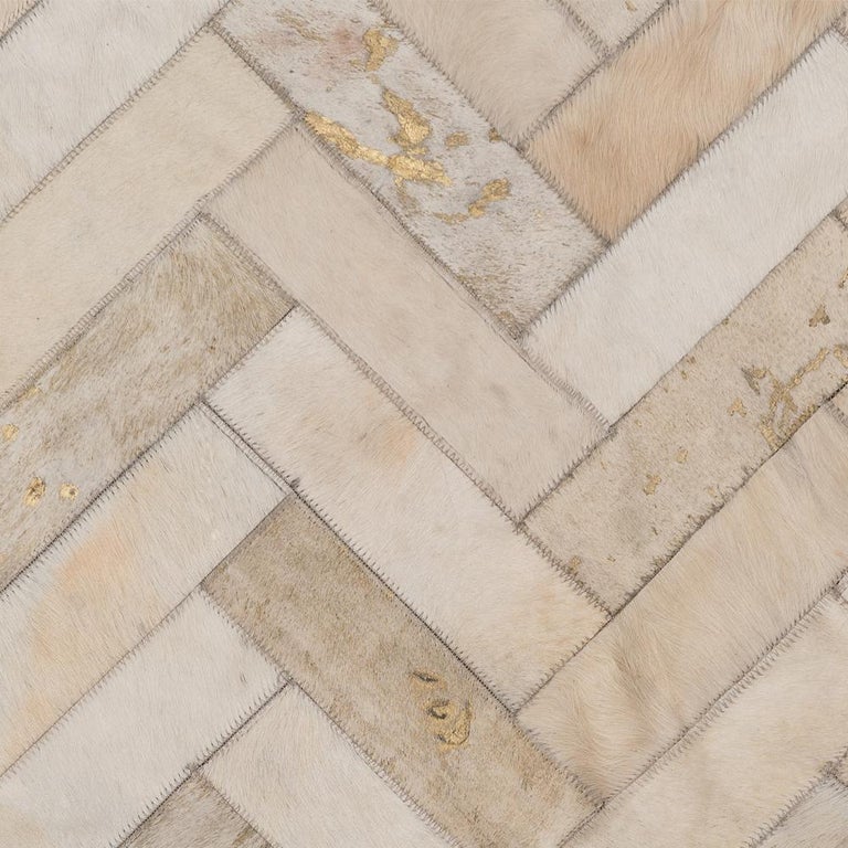 Cream and Gold Herringbone Customizable Estrella Cowhide Area Floor Rug