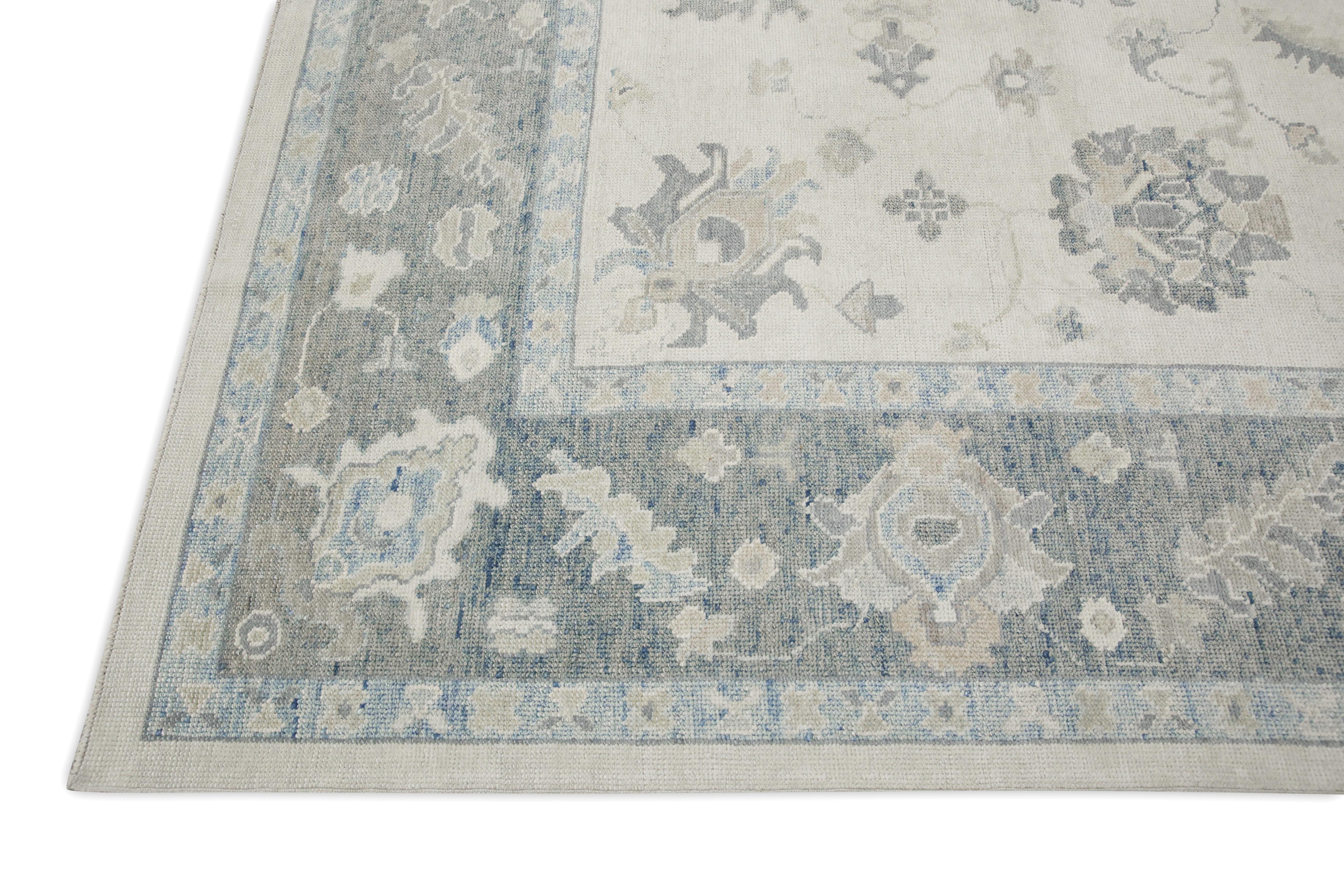 Hand-Woven Cream & Gray Floral Design Handwoven Wool Turkish Oushak Rug 8'9