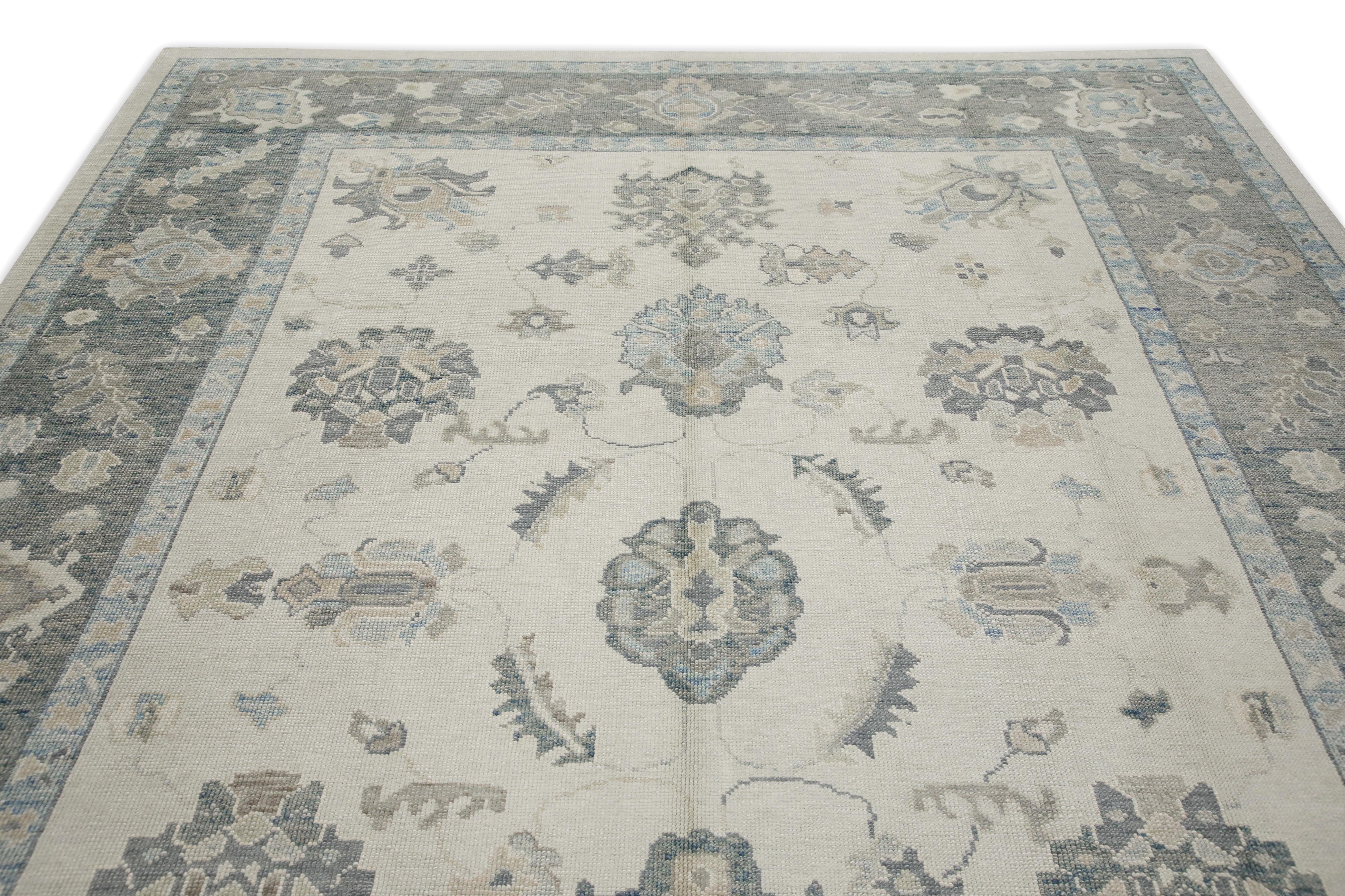 Cream & Gray Floral Design Handwoven Wool Turkish Oushak Rug 8'9