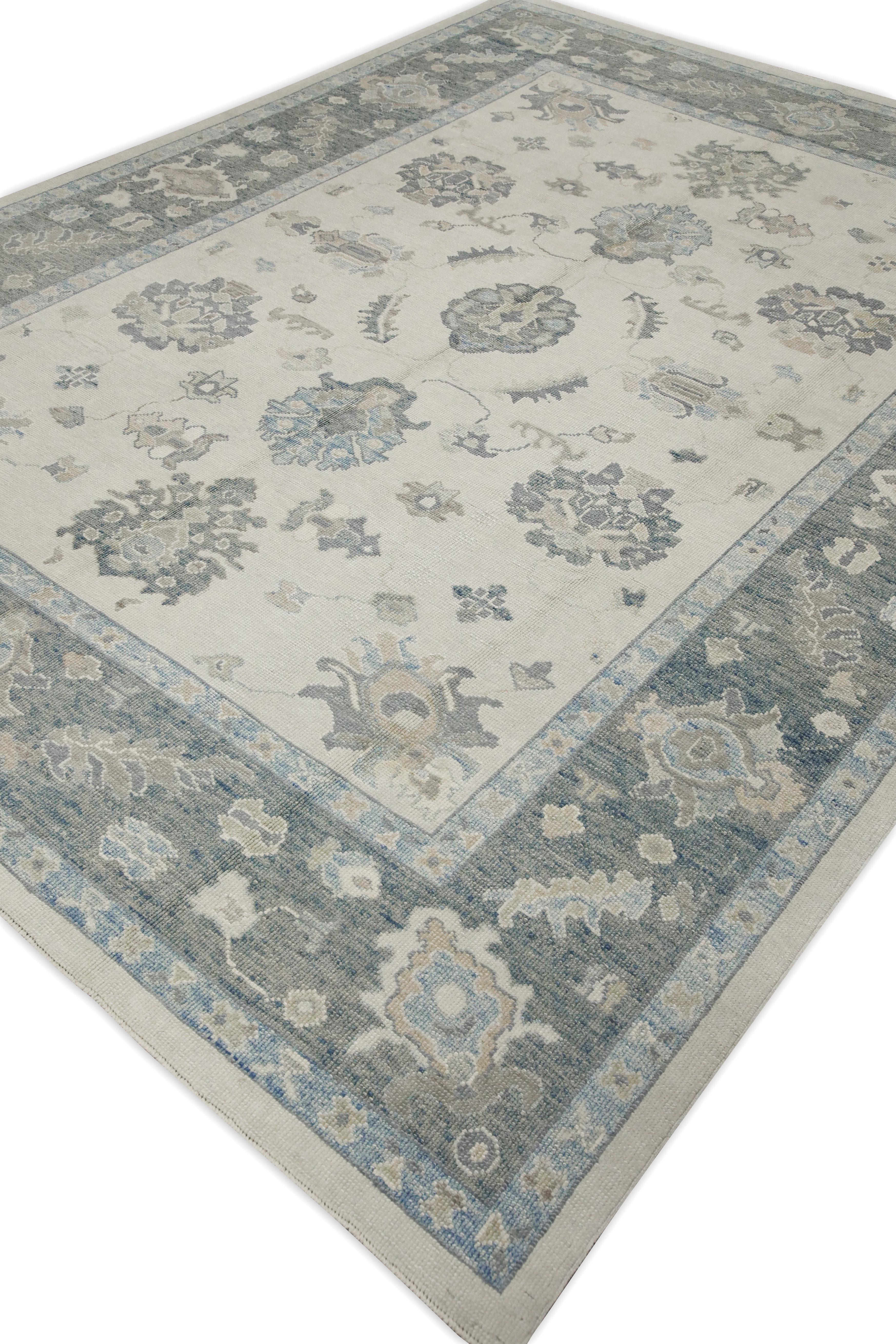 Contemporary Cream & Gray Floral Design Handwoven Wool Turkish Oushak Rug 8'9