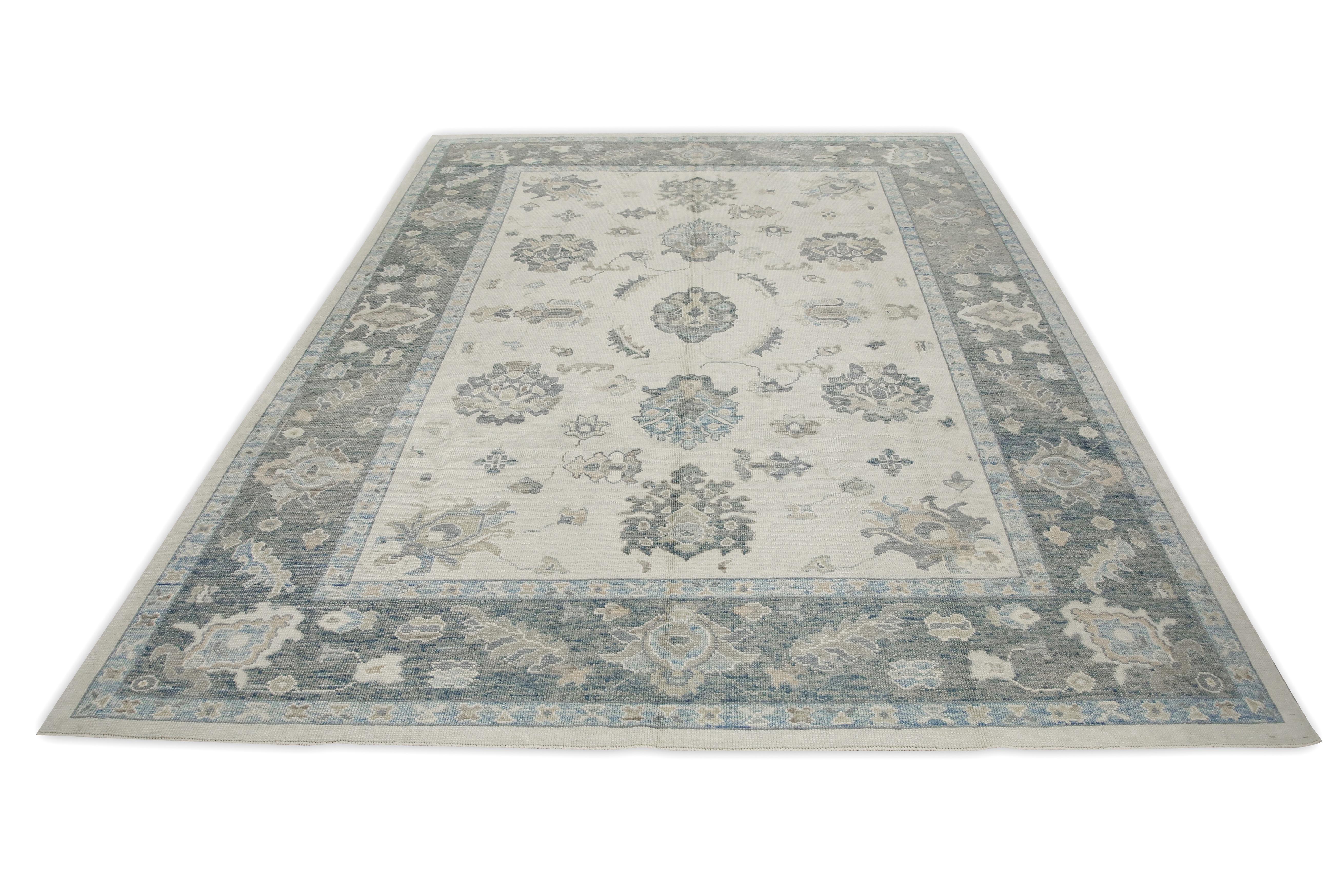 Cream & Gray Floral Design Handwoven Wool Turkish Oushak Rug 8'9