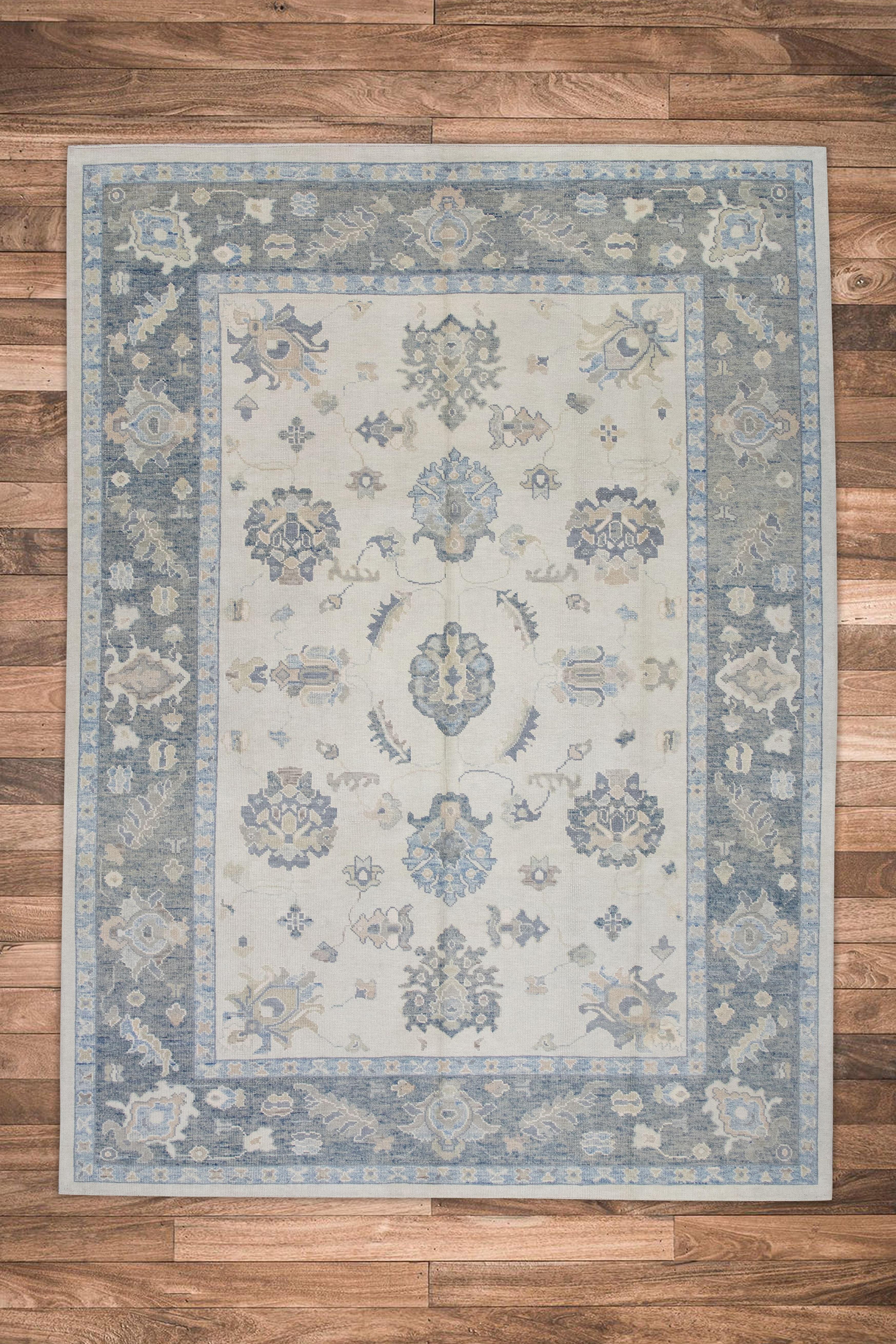 Cream & Gray Floral Design Handwoven Wool Turkish Oushak Rug 8'9