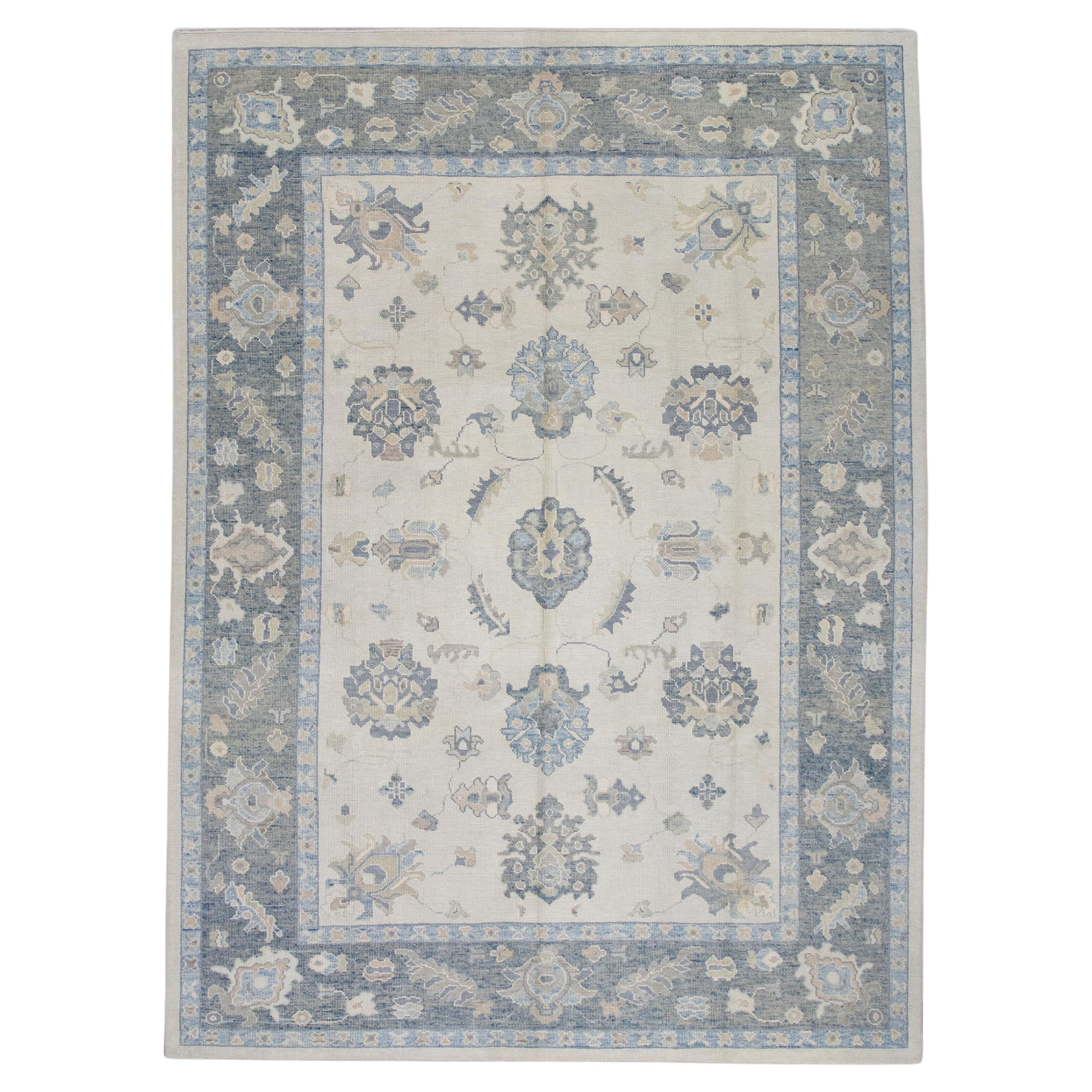 Cream & Gray Floral Design Handwoven Wool Turkish Oushak Rug 8'9" X 11'8" For Sale