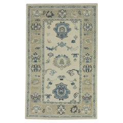 Cream & Green Floral Design Handwoven Wool Turkish Oushak Rug 3' x 4'8"