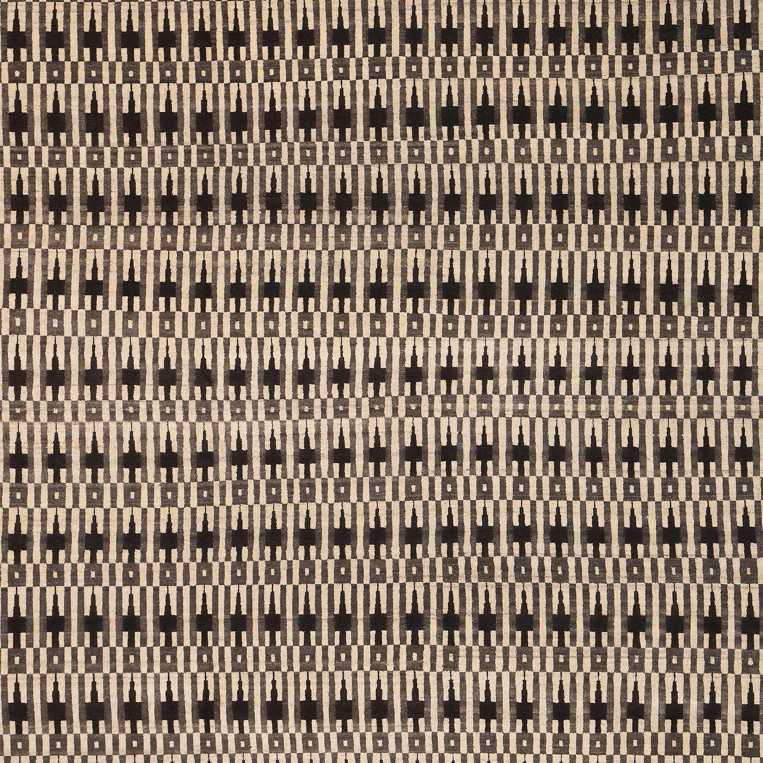 Indian Cream, Grey, and Brown Modern Architectural Geometric Wool Carpet
