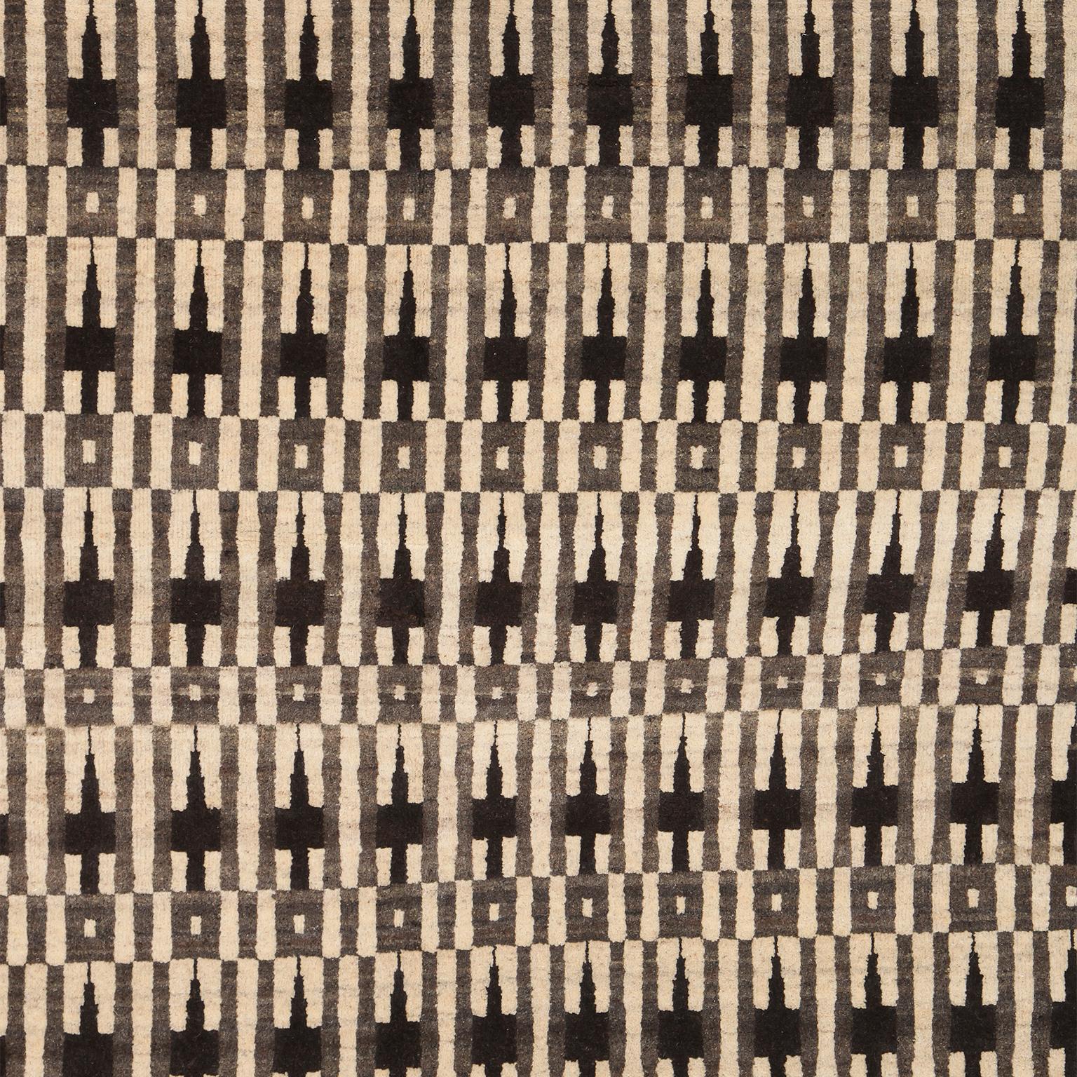 Hand-Knotted Cream, Grey, and Brown Modern Architectural Geometric Wool Carpet