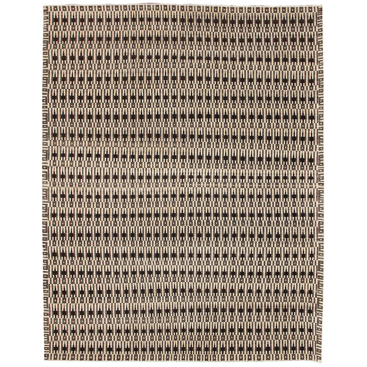 Cream, Grey, and Brown Modern Architectural Geometric Wool Carpet