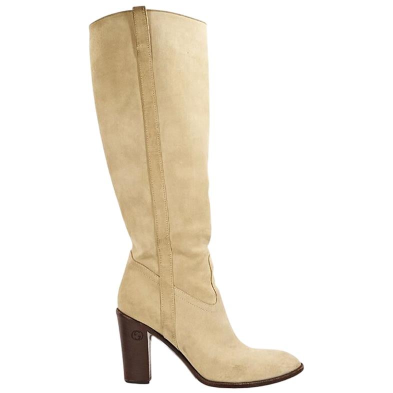 Cream Gucci Suede Knee-High Boots