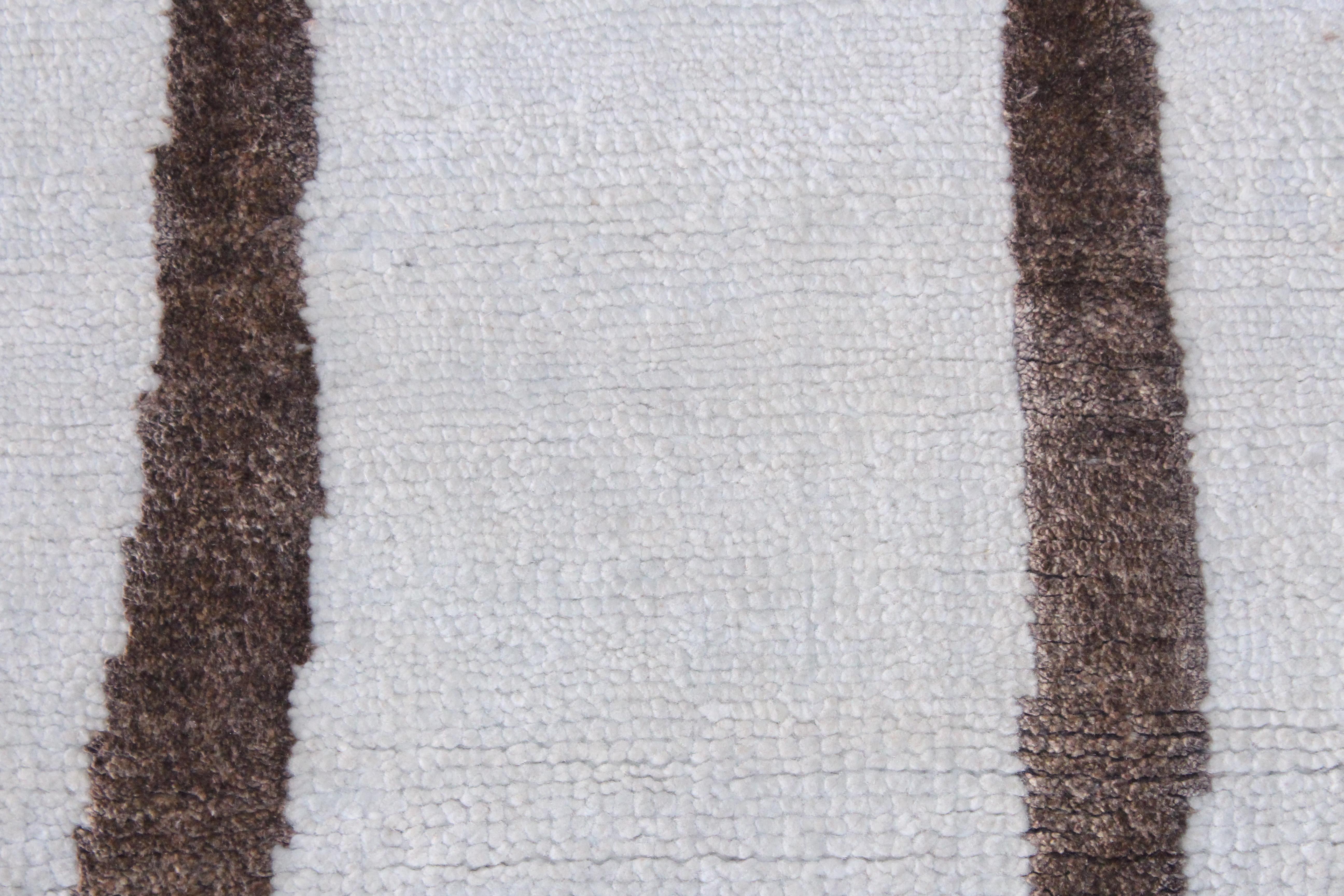 Cream Ivory Brown Modernist Hand Knotted Wool & Silk Rug in Japanese Shodo Style For Sale 4
