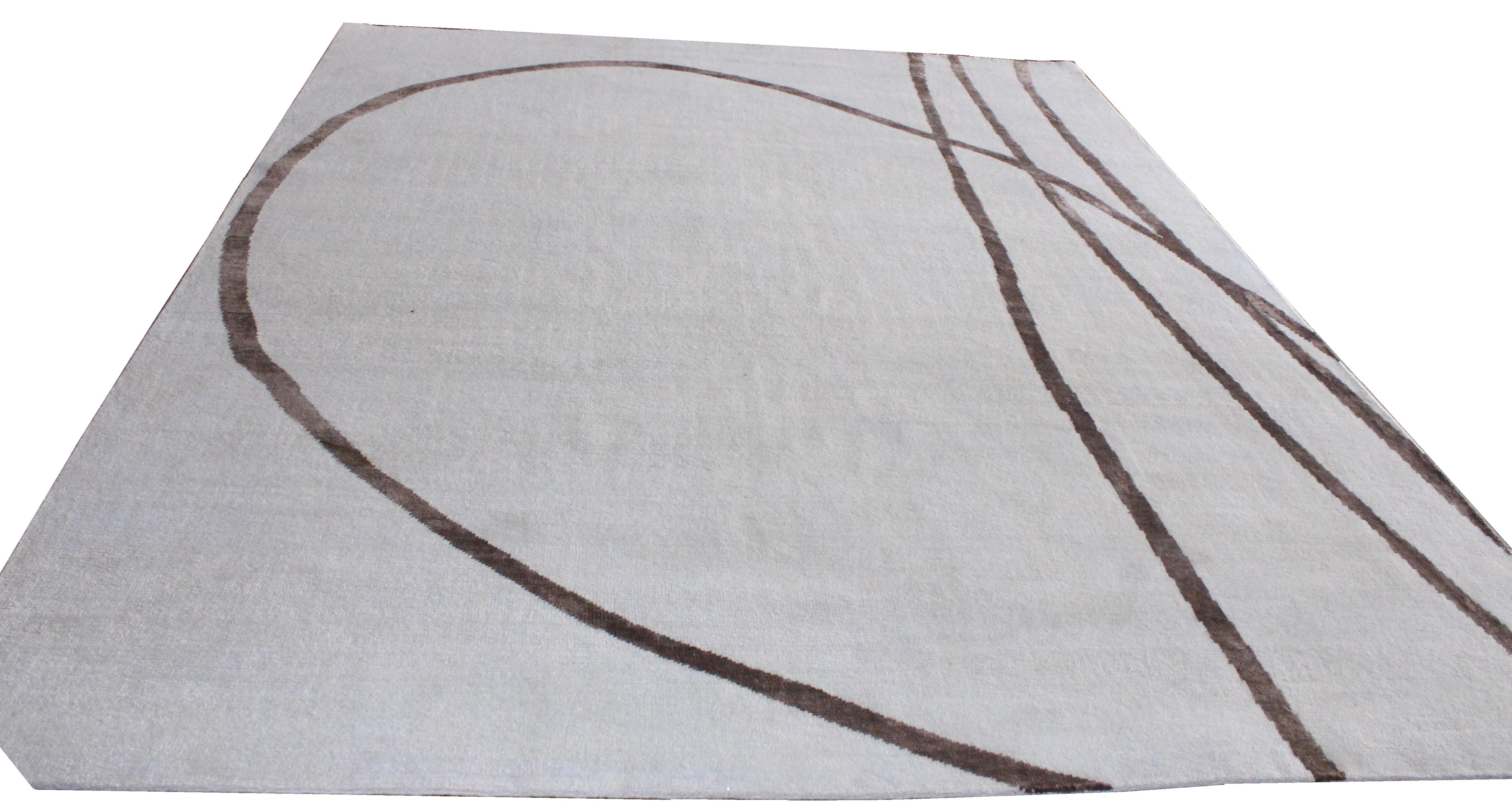 Indian Cream Ivory Brown Modernist Hand Knotted Wool & Silk Rug in Japanese Shodo Style For Sale