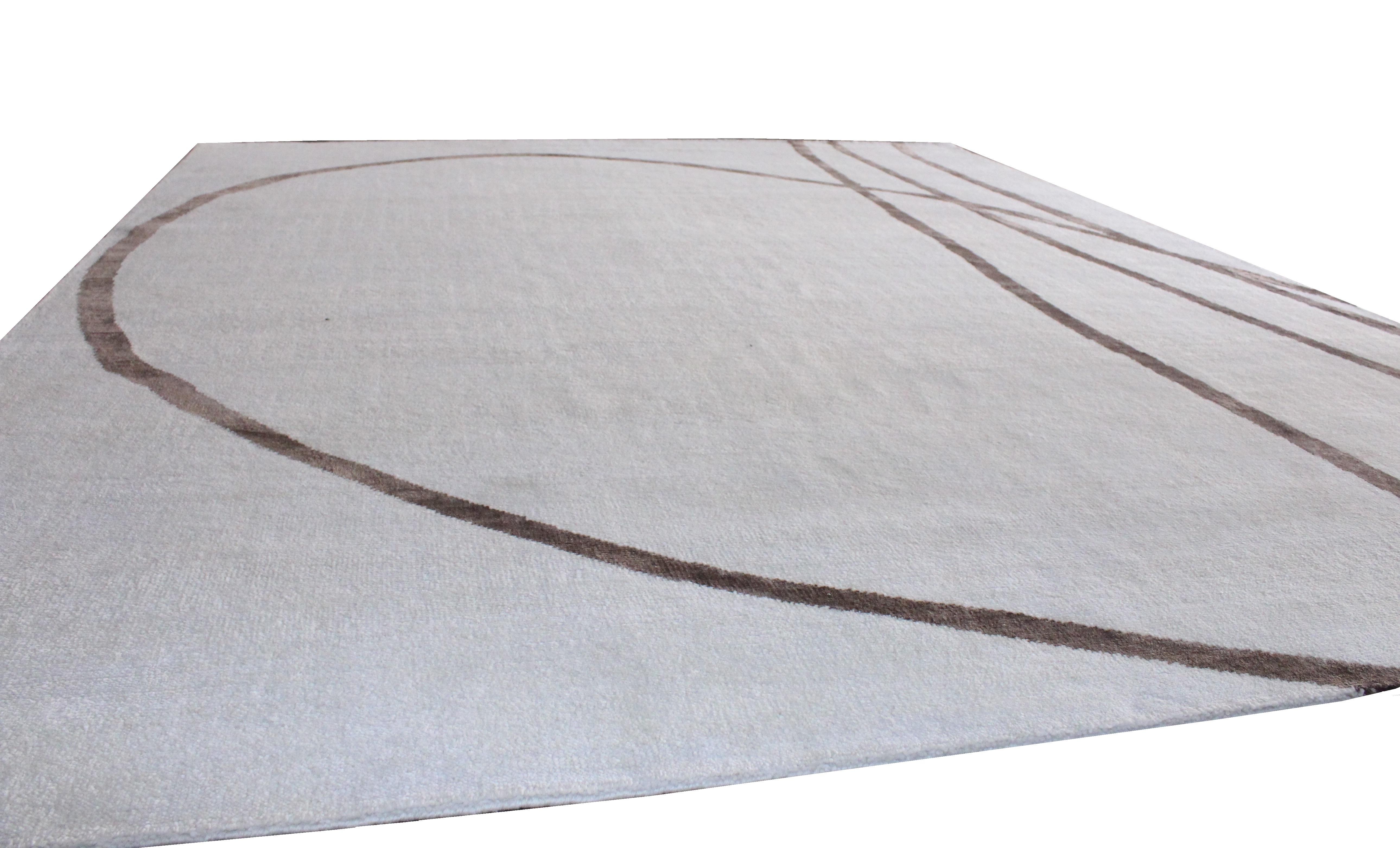 Hand-Knotted Cream Ivory Brown Modernist Hand Knotted Wool & Silk Rug in Japanese Shodo Style For Sale