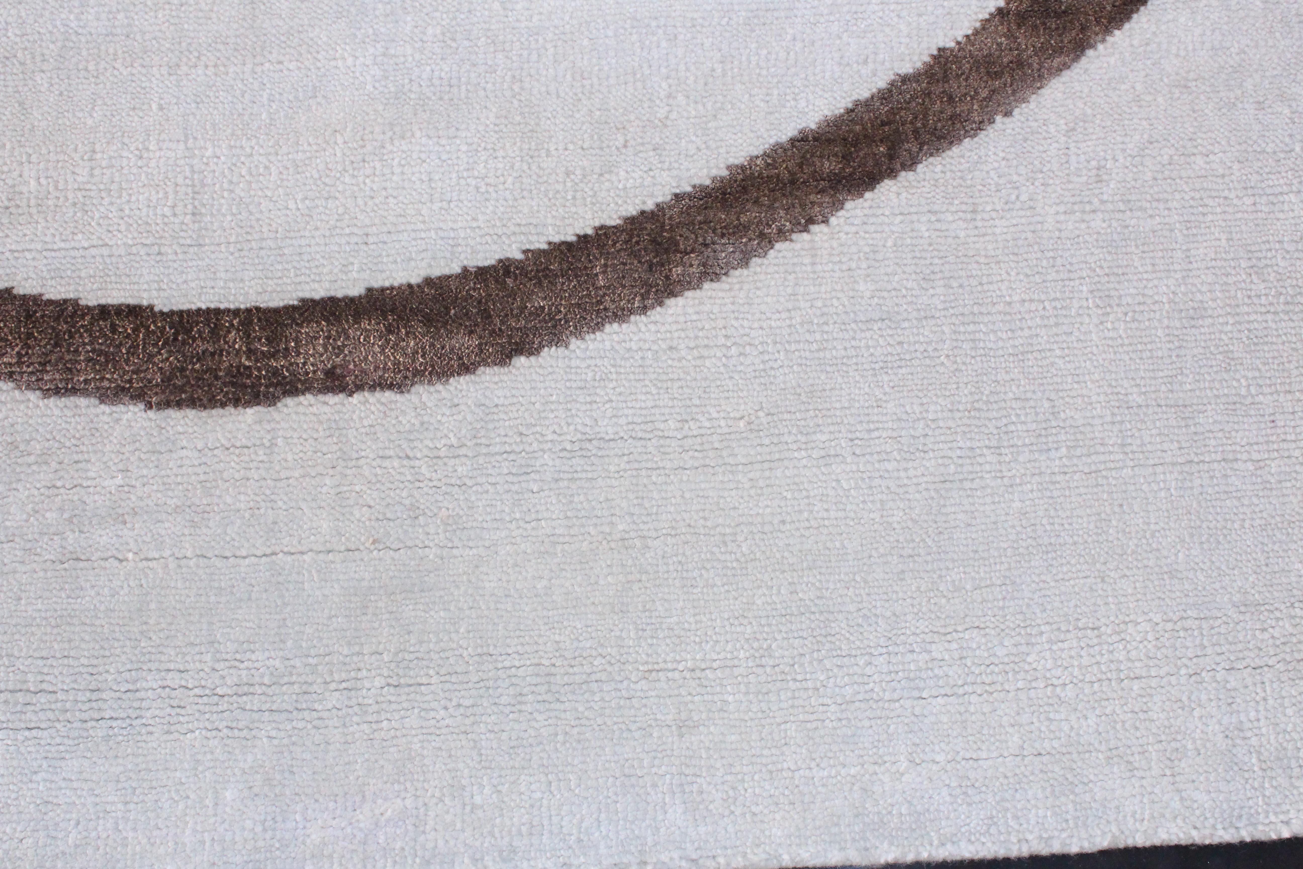 Cream Ivory Brown Modernist Hand Knotted Wool & Silk Rug in Japanese Shodo Style For Sale 3