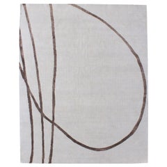 Tapis moderniste en laine et soie noué à la main de style Shodo japonais, couleur crème, ivoire et marron